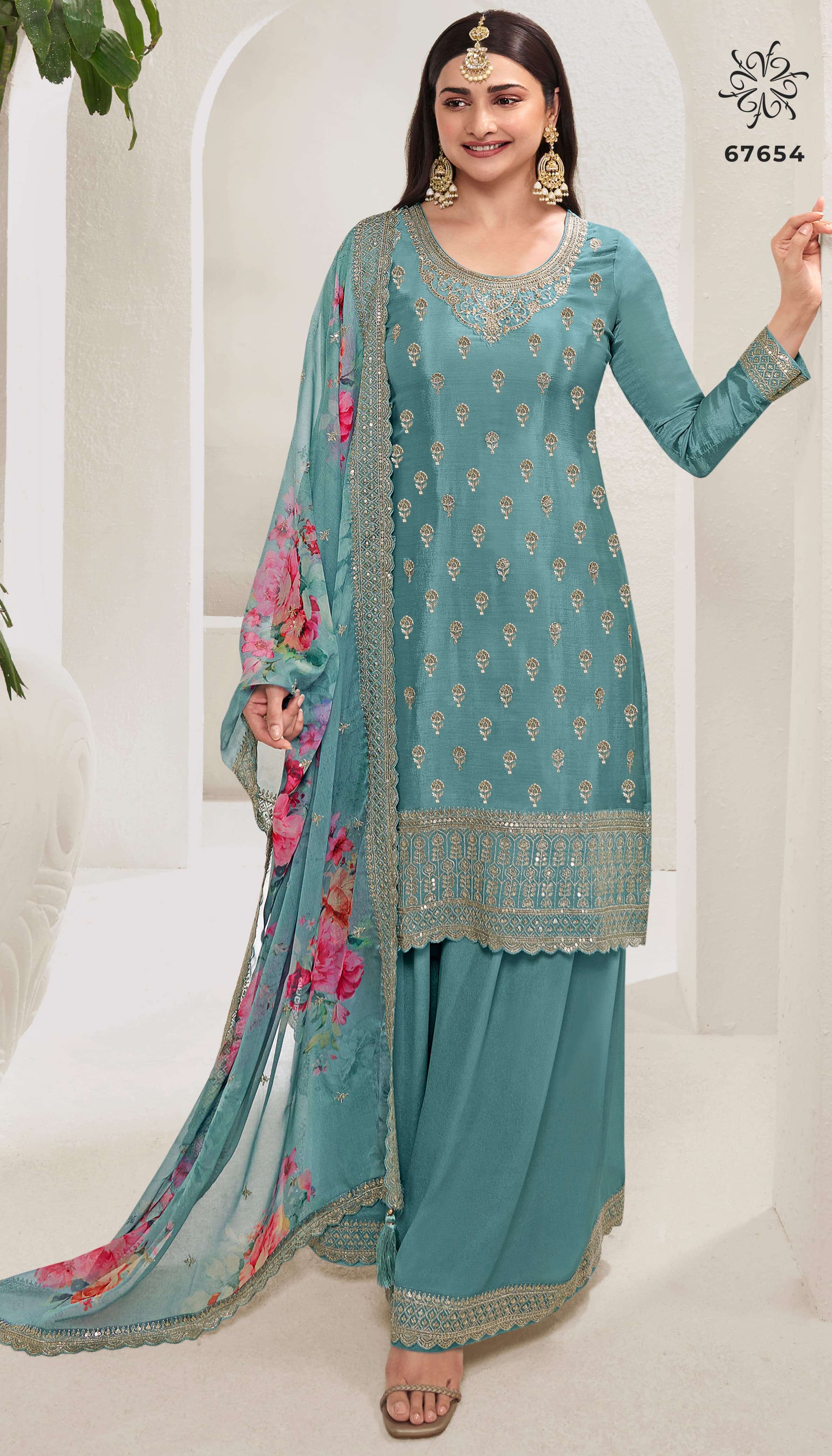 DESIGNER FANCY WEDDING PARTY WEAR INDIAN SKY BLUE SHARARA PALAZZO SALWAR SUIT RH SHALINI 67654