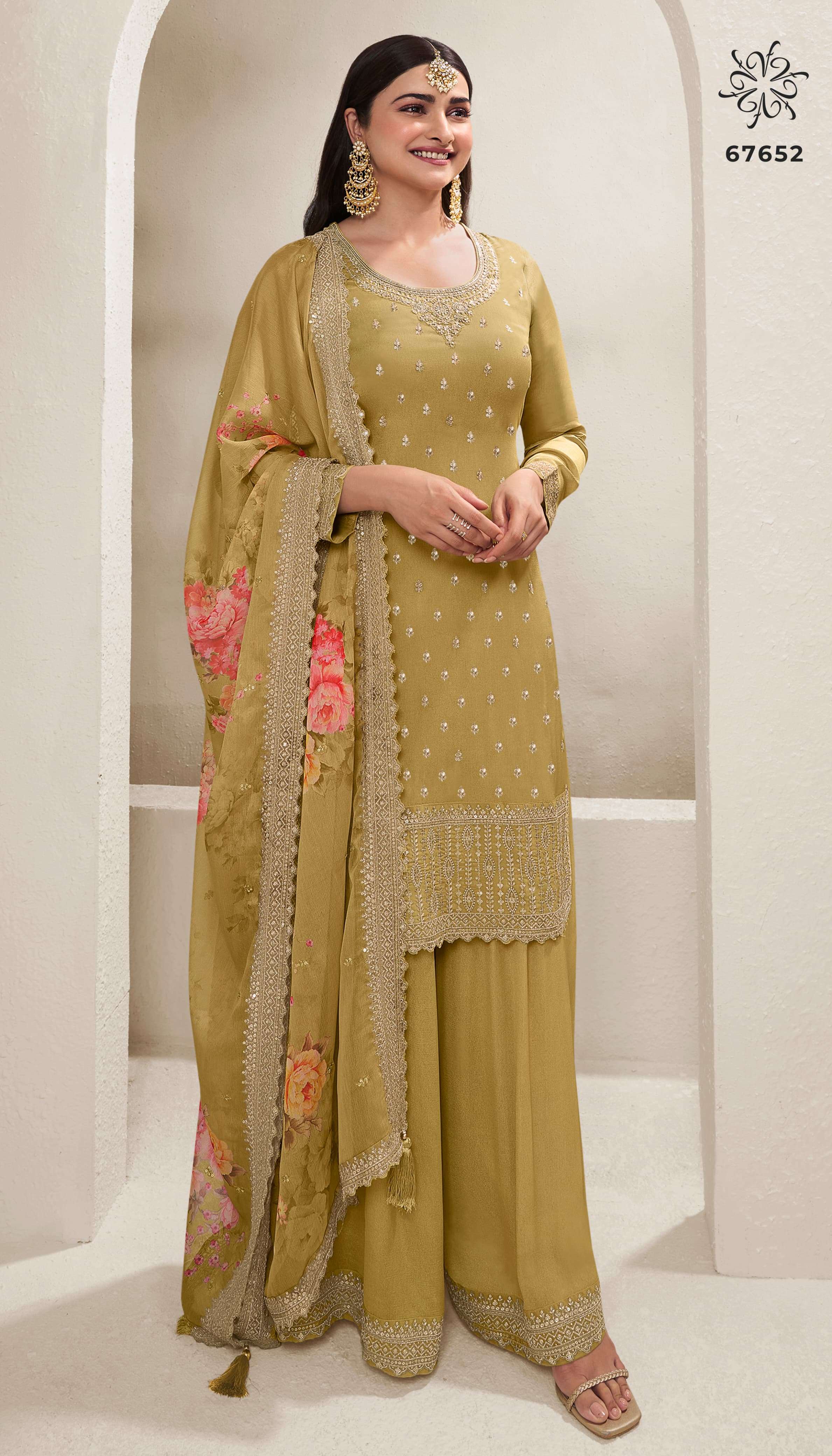 DESIGNER FANCY WEDDING PARTY WEAR INDIAN YELLOW SHARARA PALAZZO SALWAR SUIT RH SHALINI 67652