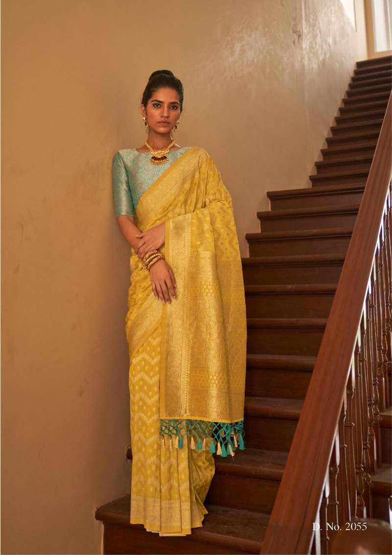 DESIGNER FANCY WEDDING PARTY WEAR INDIAN YELLOW SILK SAREE SM KM TIRTH 2055