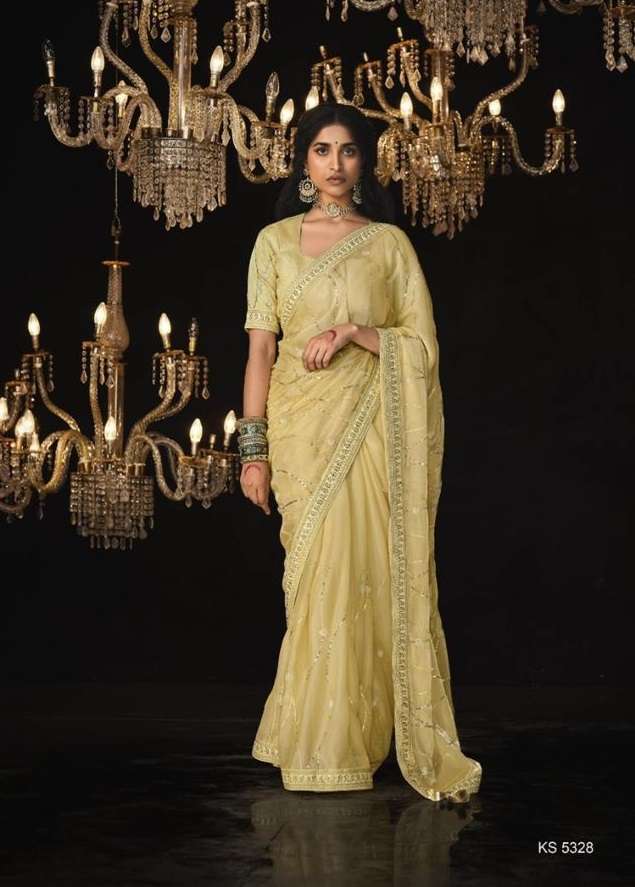 DESIGNER FANCY WEDDING PARTY WEAR INDIAN YELLOW SILK SAREE SM KIMORA 5328