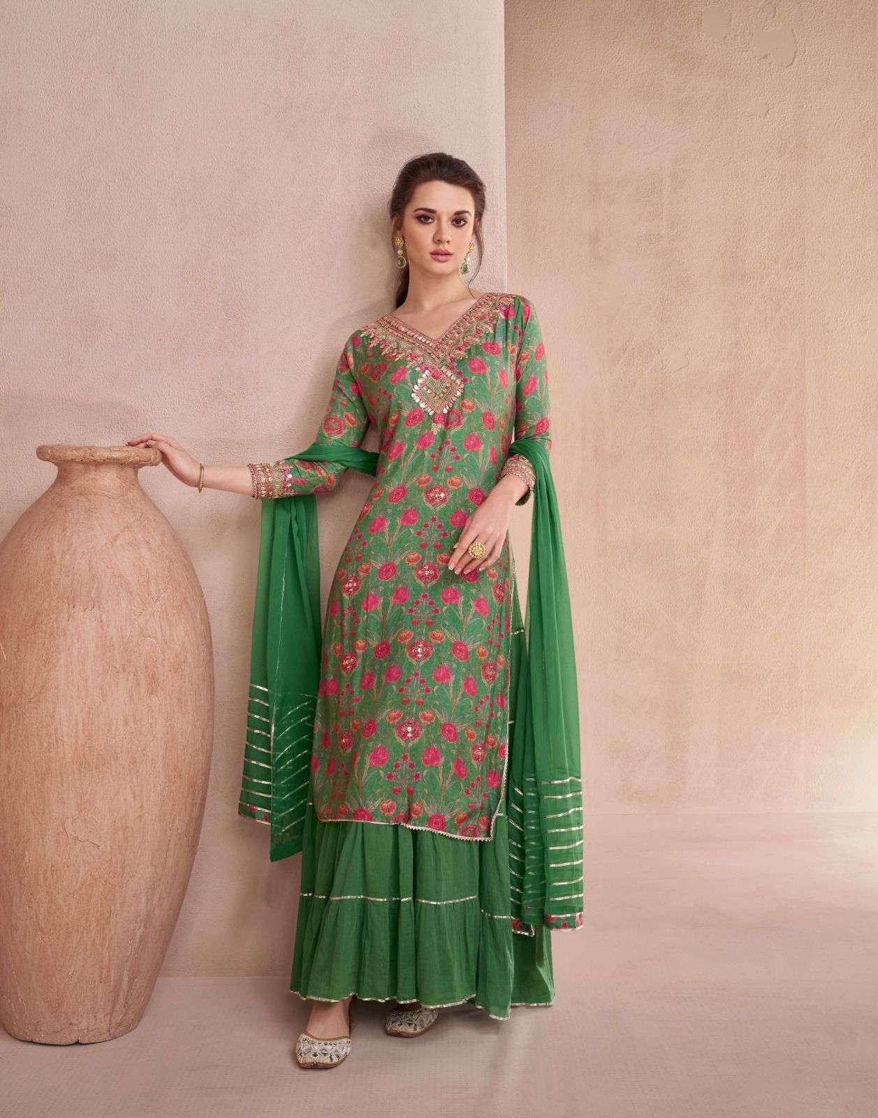 DESIGNER FANCY WEDDING PARTY WEAR MUSLIN SILK GREEN PLAZZO SHARARA SALWAR SUIT SY DAHLEEZ 5528