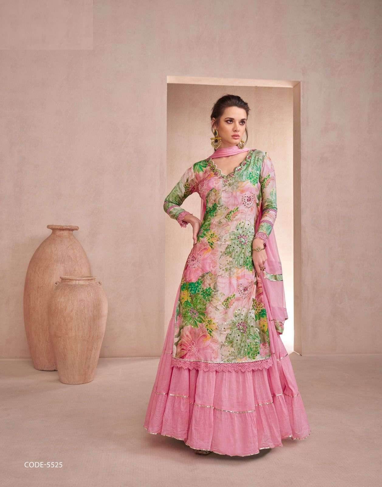 DESIGNER FANCY WEDDING PARTY WEAR MUSLIN SILK PINK PLAZZO SHARARA SALWAR SUIT SY DAHLEEZ 5525