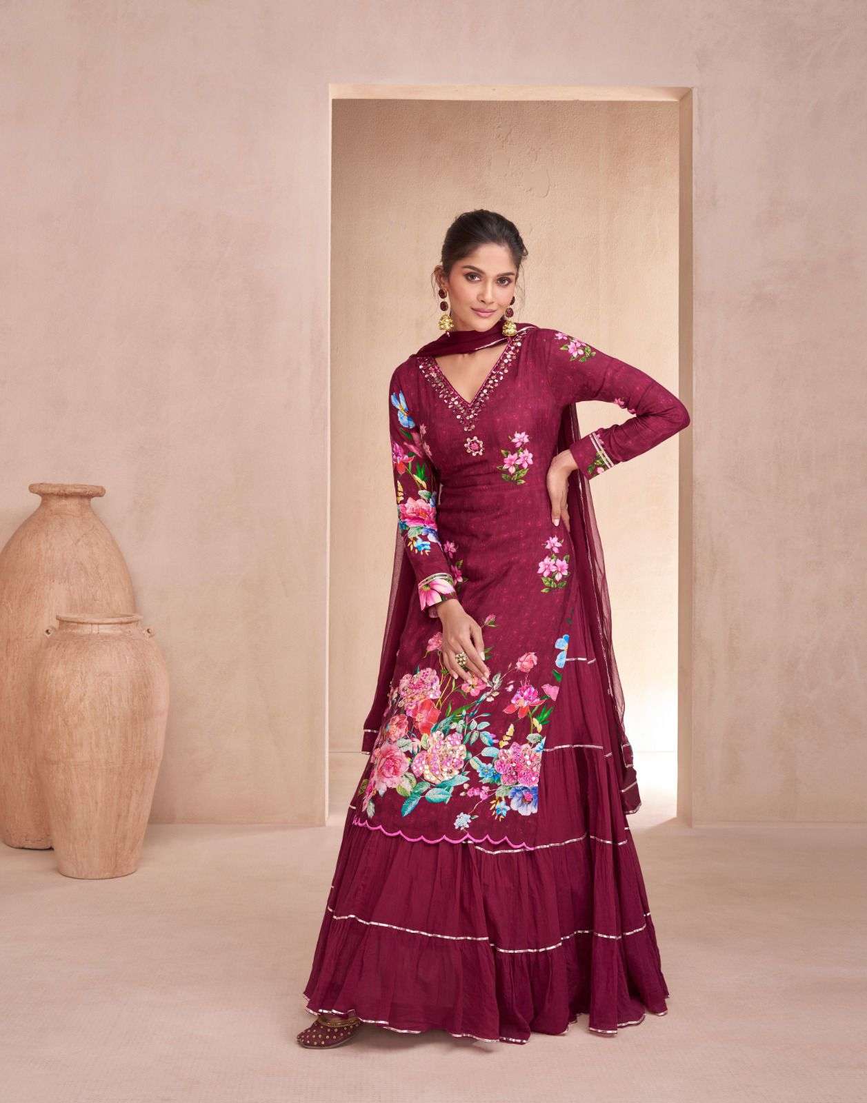 DESIGNER FANCY WEDDING PARTY WEAR MUSLIN SILK RED PLAZZO SHARARA SALWAR SUIT SY DAHLEEZ 5527