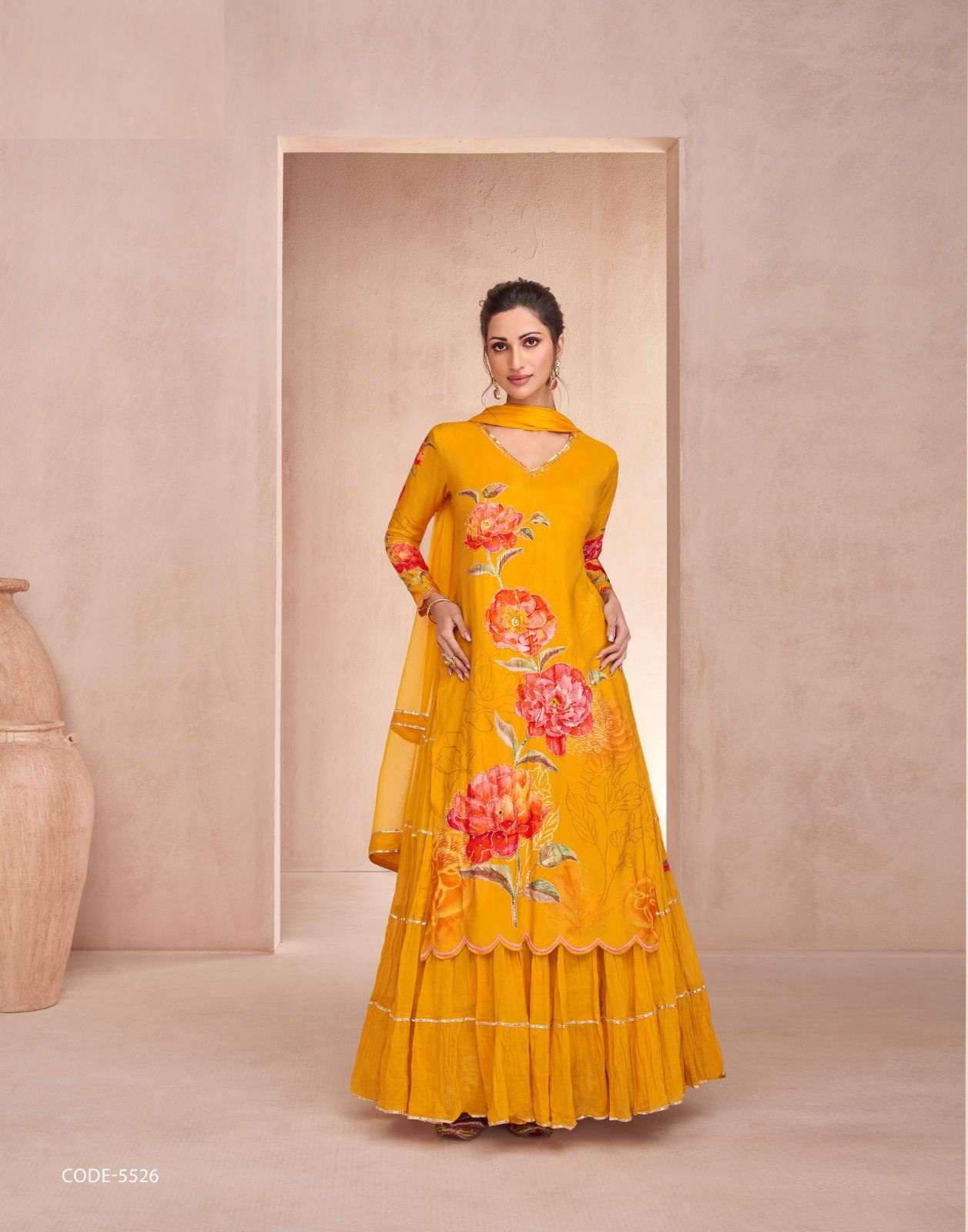 DESIGNER FANCY WEDDING PARTY WEAR MUSLIN SILK YELLOW PLAZZO SHARARA SALWAR SUIT SY DAHLEEZ 5526