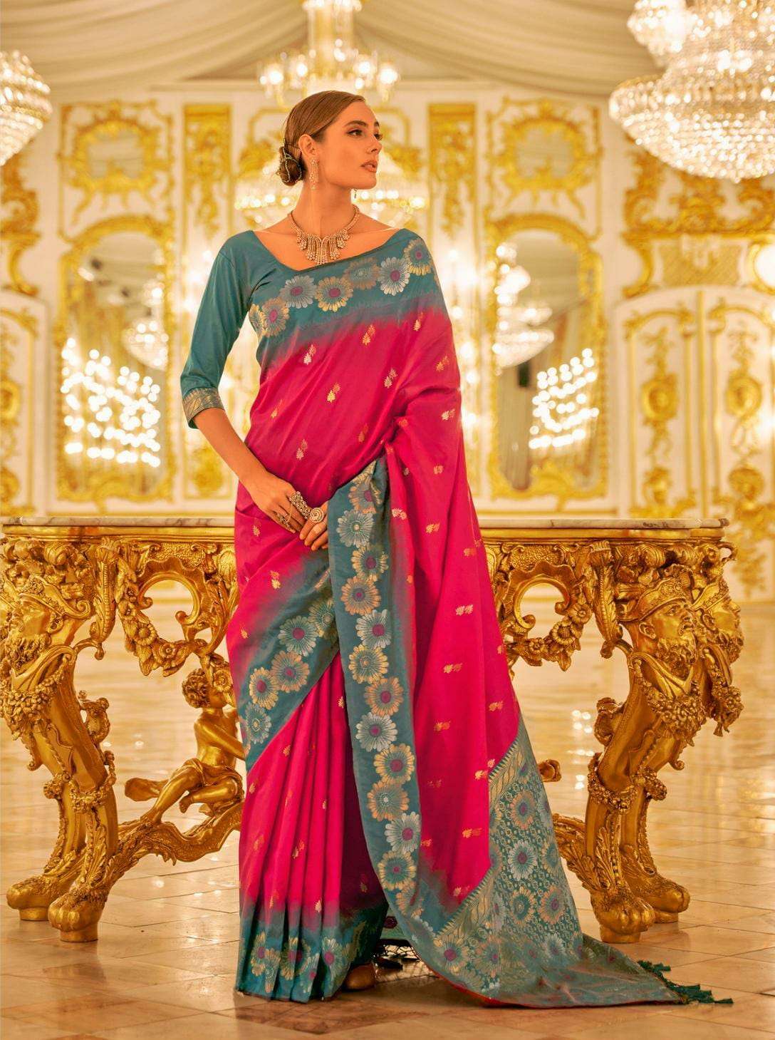 DESIGNER FANCY WEDDING PARTY WEAR PINK INDIAN SILK SAREE RJPT SM 440005