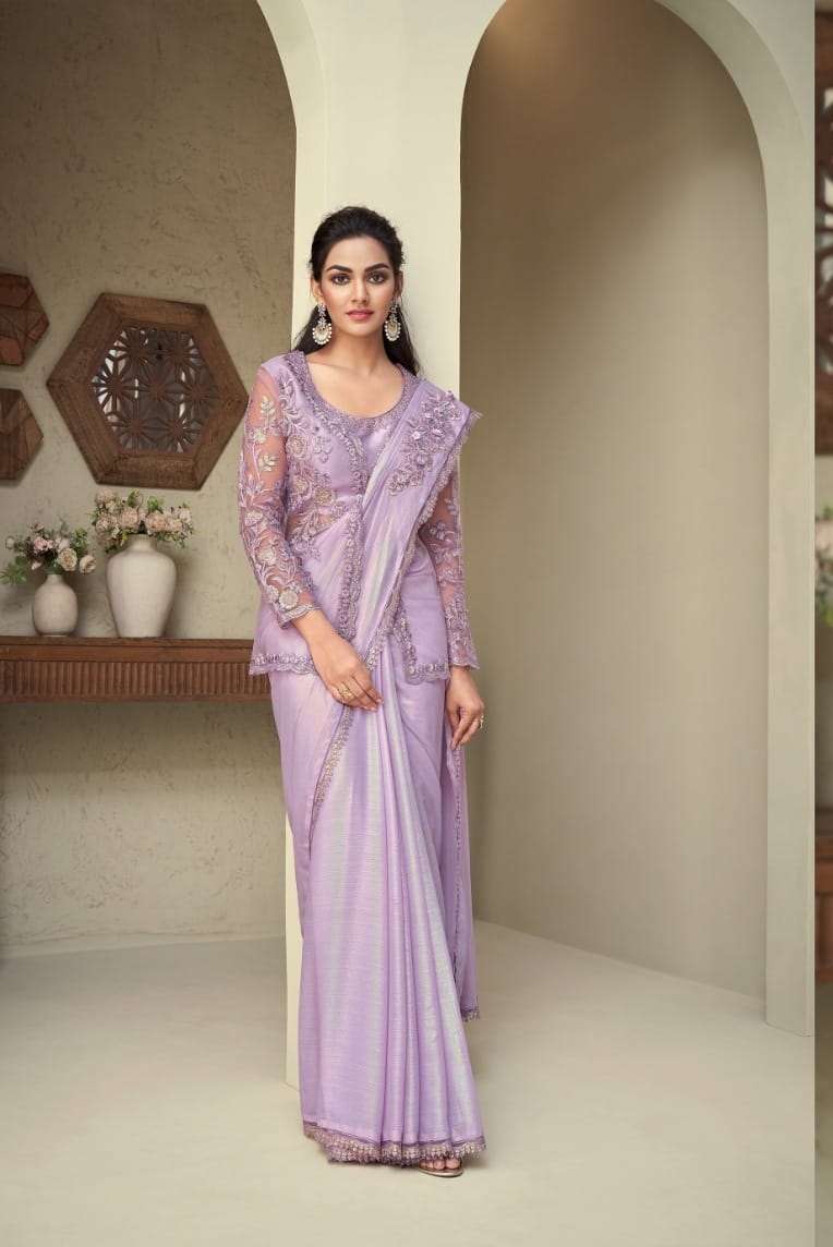 DESIGNER FANCY WEDDING PARTY WEAR PURPLE GEORGETTE SAREE SM TFH SILVER 28007 F