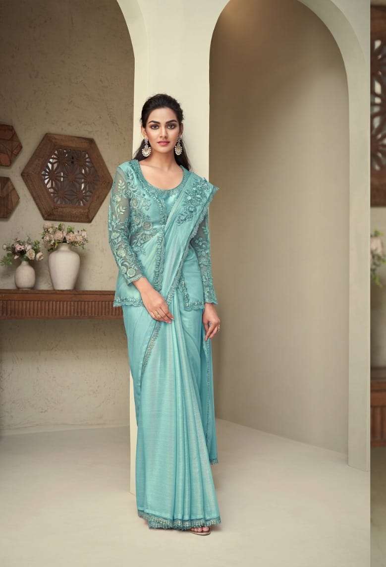 DESIGNER FANCY WEDDING PARTY WEAR SKY BLUE GEORGETTE SAREE SM TFH SILVER 28007 B