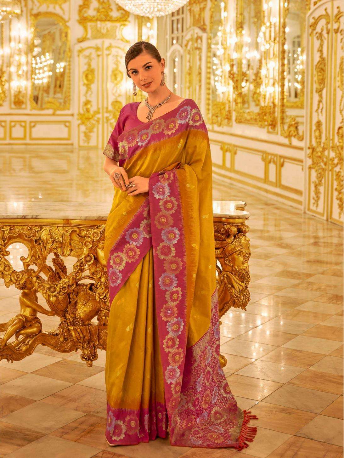 DESIGNER FANCY WEDDING PARTY WEAR YELLOW INDIAN SILK SAREE RJPT SM 440006