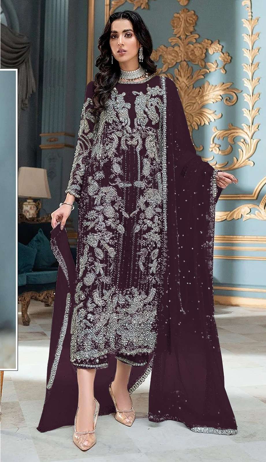 DESIGNER INDIAN PAKISTANI FANCY WEDDING PARTY WEAR WINE PAKISTANI GEORGETTE SALWAR SUIT SRH 1056 D