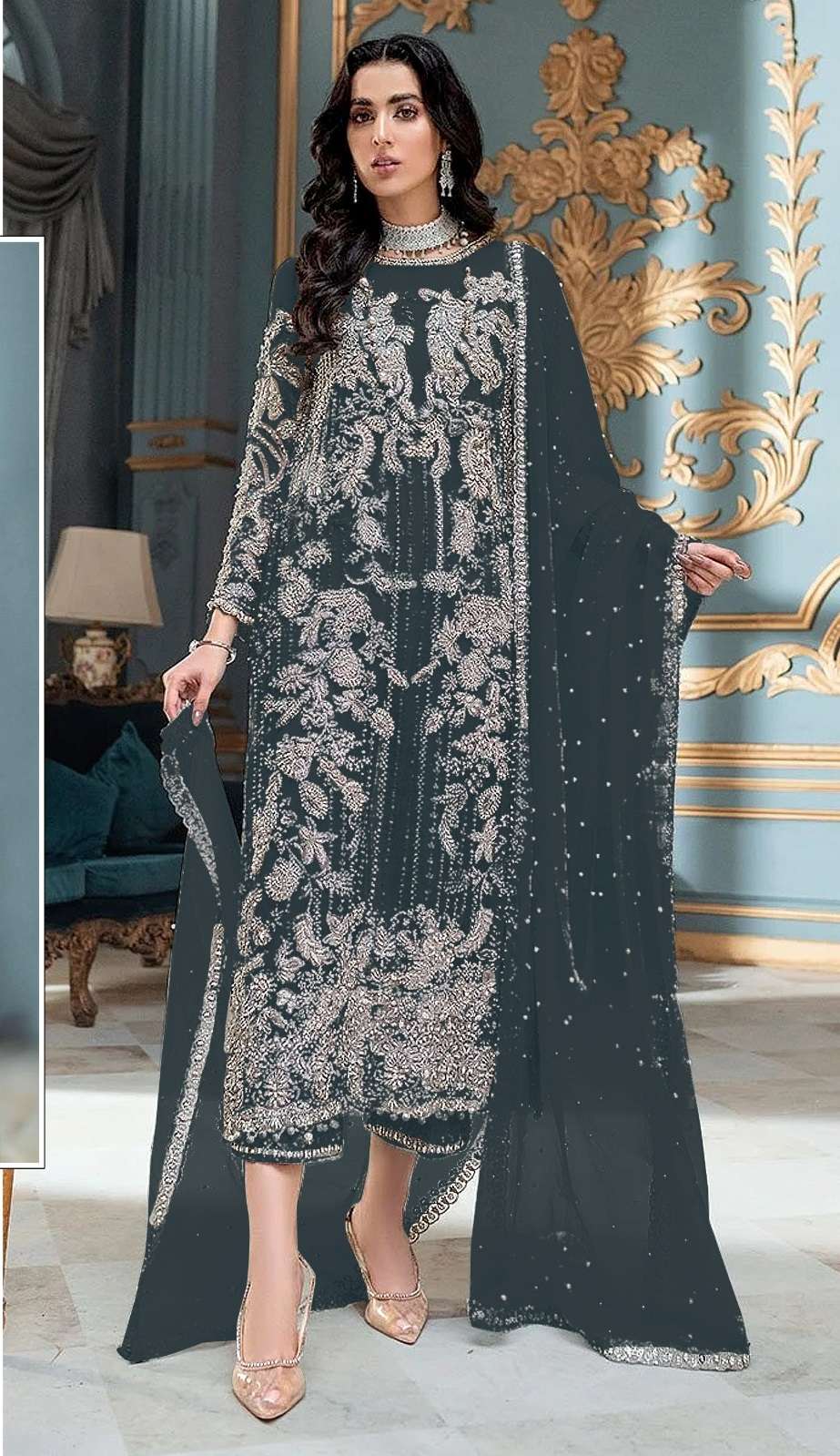 DESIGNER INDIAN PAKISTANI FANCY WEDDING PARTY WEAR GREY PAKISTANI GEORGETTE SALWAR SUIT SRH 1056 F