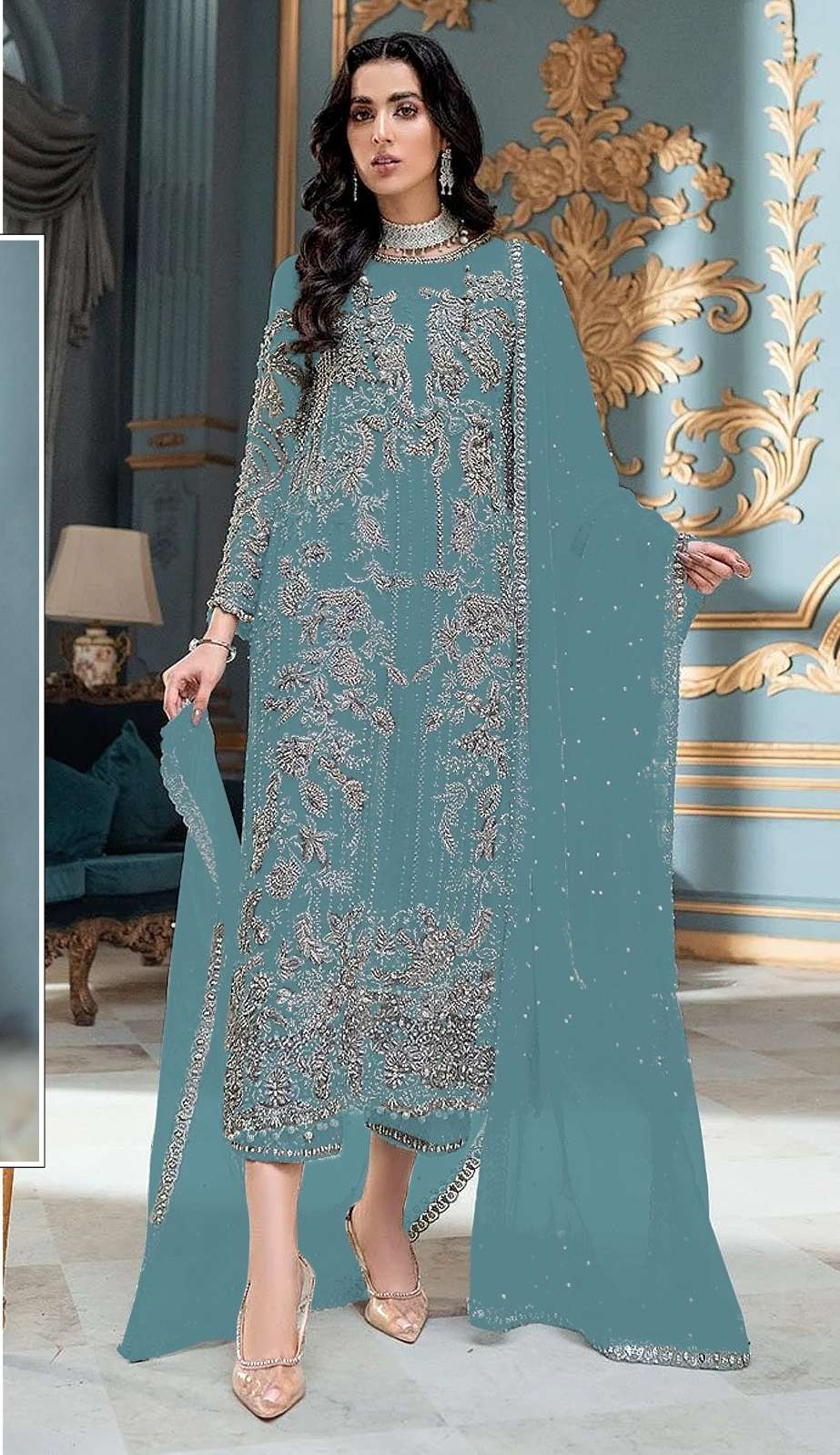 DESIGNER INDIAN PAKISTANI FANCY WEDDING PARTY WEAR SKY BLUE PAKISTANI GEORGETTE SALWAR SUIT SRH 1056 G