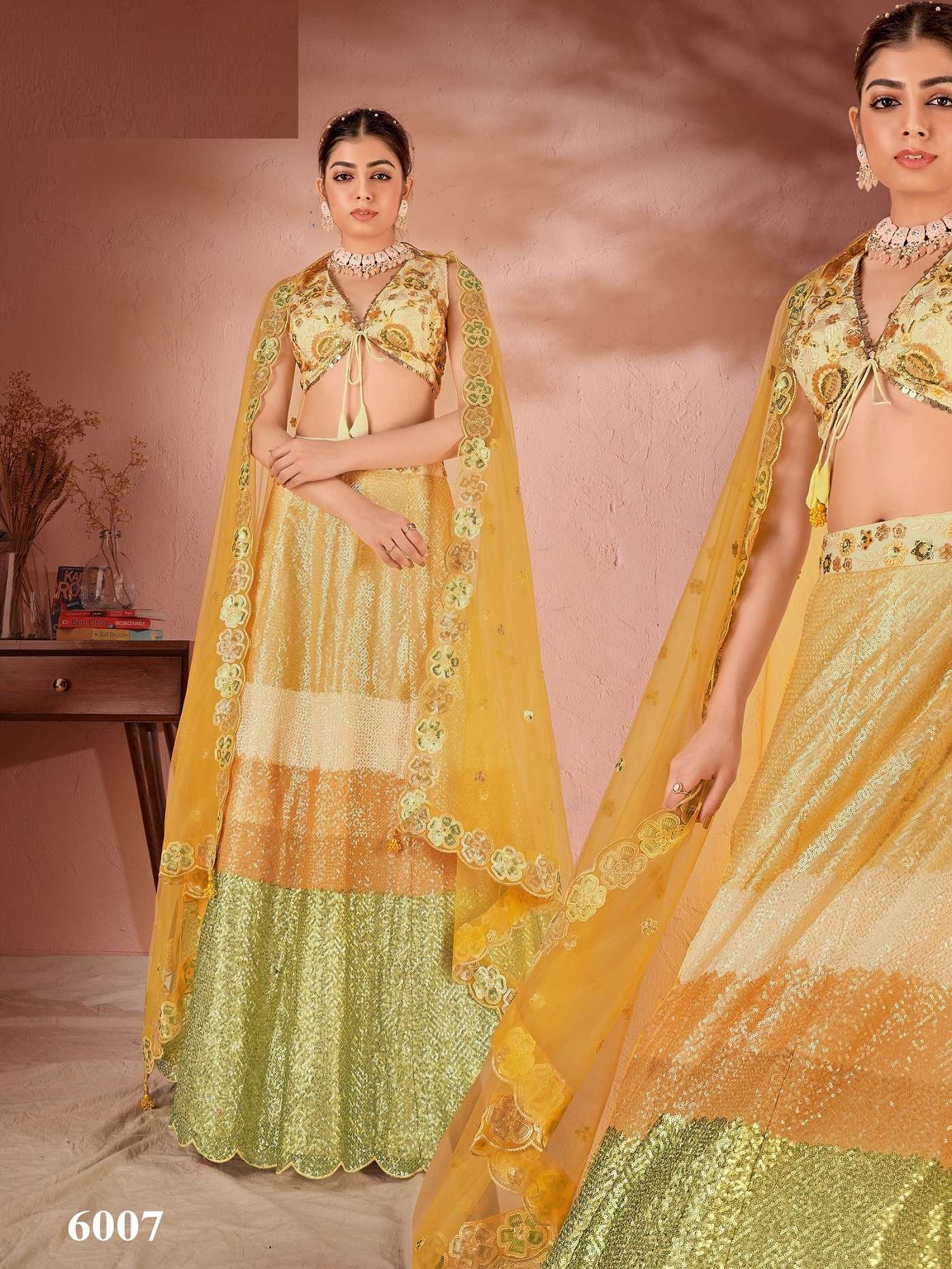 DESIGNER PREMIUM INDIAN WEDDING BRIDAL PARTY WEAR YELLOW GEORGETTE SILK LEHENGA CHOLI SM ANTSH MAHARANI 6007