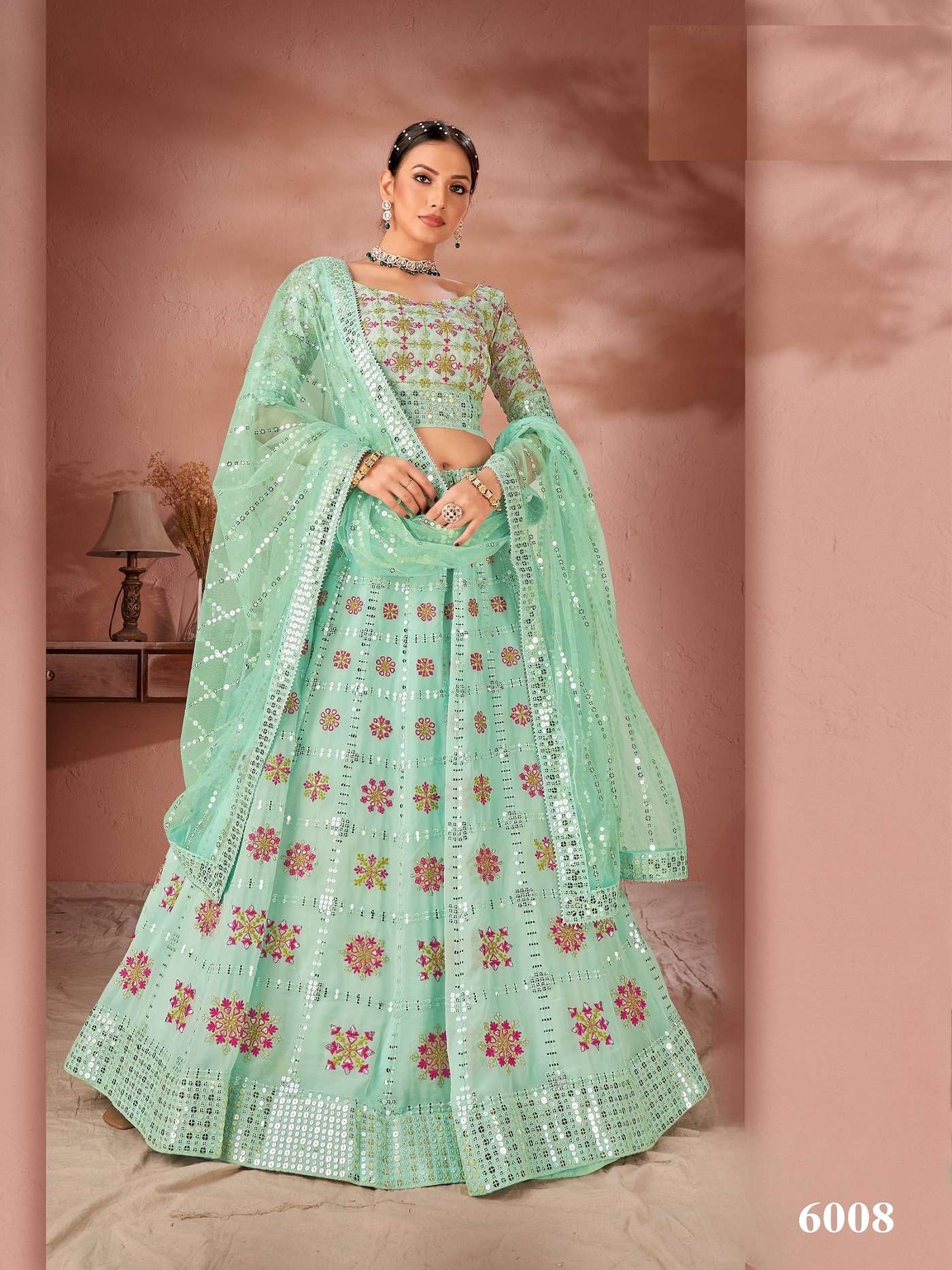 DESIGNER PREMIUM INDIAN WEDDING BRIDAL PARTY WEAR GREEN GEORGETTE SILK LEHENGA CHOLI SM ANTSH MAHARANI 6008