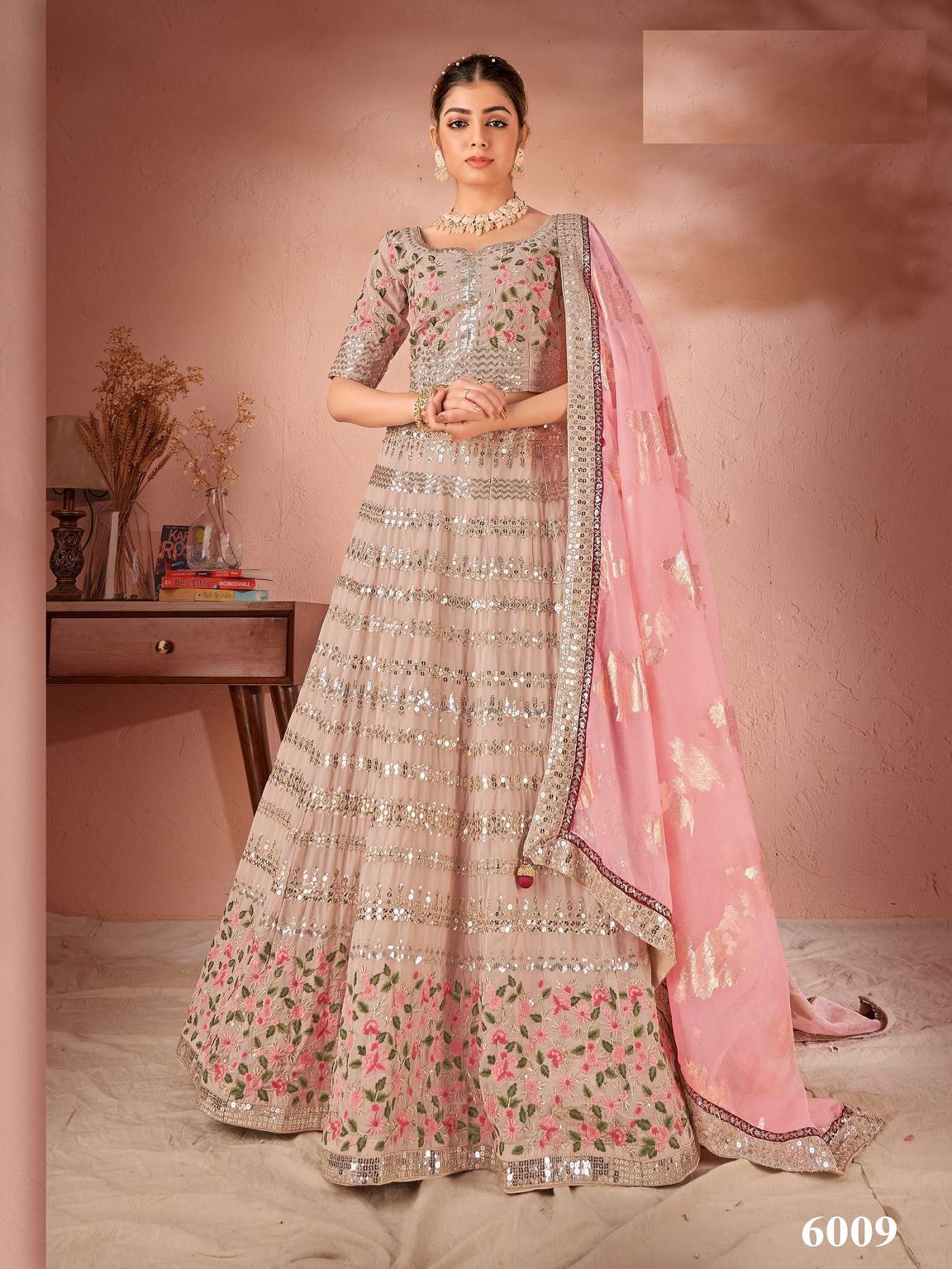 DESIGNER PREMIUM INDIAN WEDDING BRIDAL PARTY WEAR BEIGE GEORGETTE SILK LEHENGA CHOLI SM ANTSH MAHARANI 6009