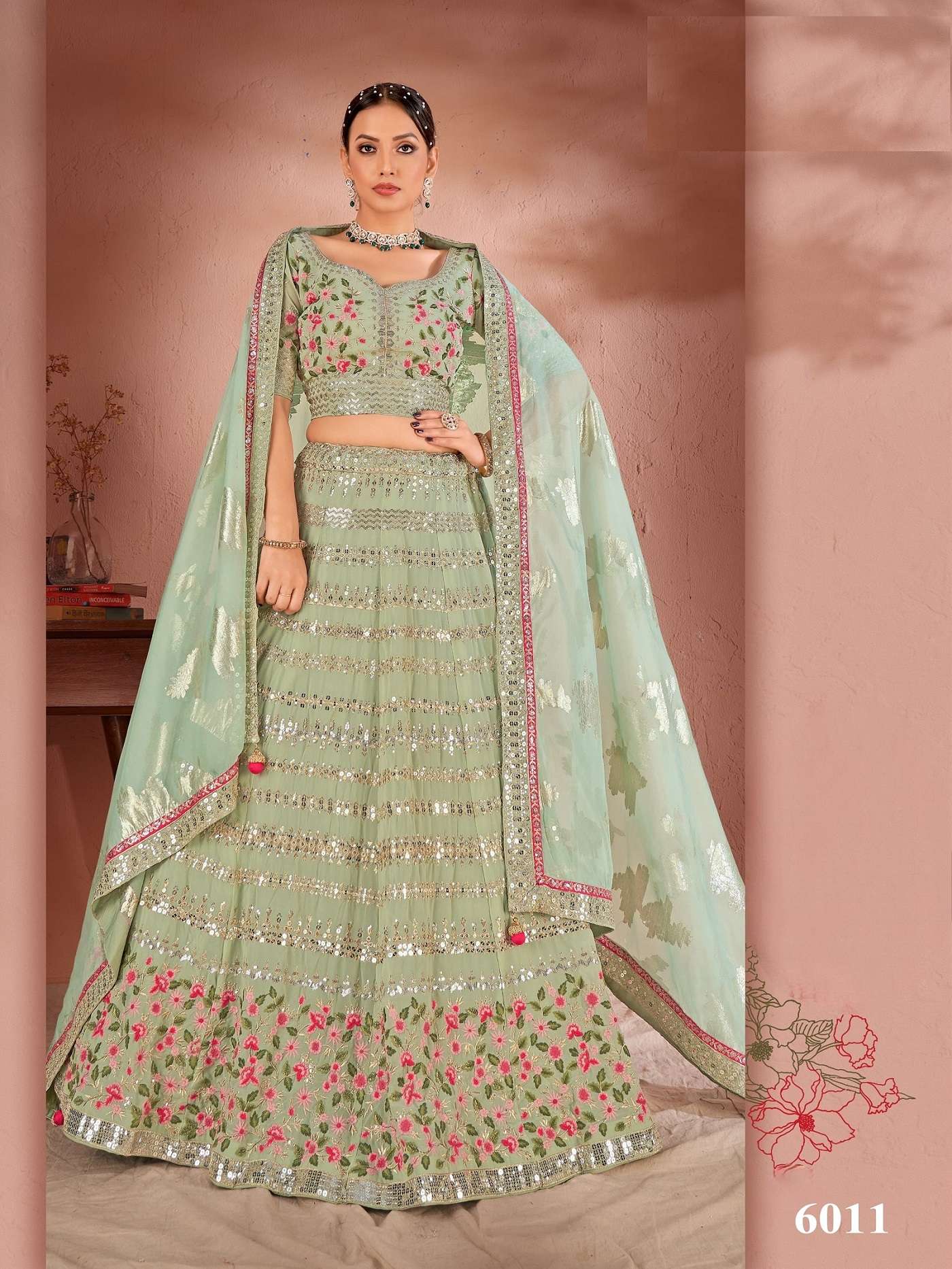 DESIGNER PREMIUM INDIAN WEDDING BRIDAL PARTY WEAR PISTA GEORGETTE SILK LEHENGA CHOLI SM ANTSH MAHARANI 6011