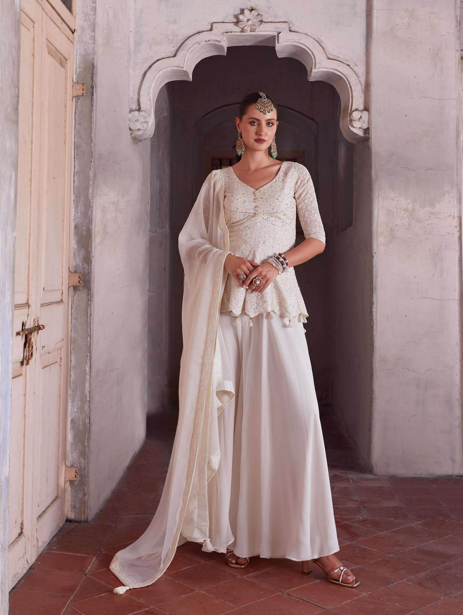 DESIGNER TRENDY STYLISH FANCY PARTY WEAR CHINON READY TO WEAR WHITE SHARARA SALWAR SUIT ALZ GULBAHAR 6006