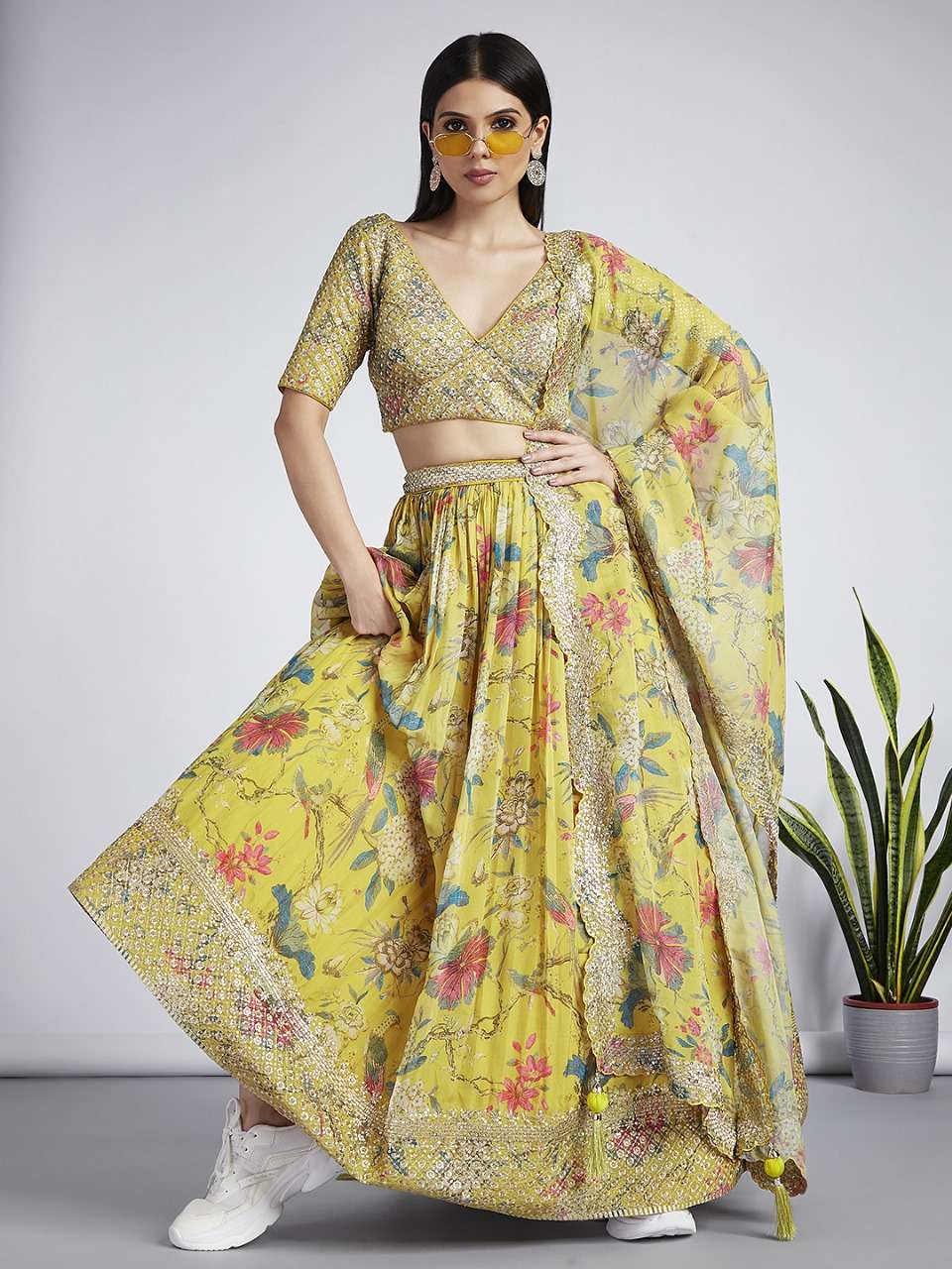 DESIGNER TRENDY STYLISH FANCY WEDDING PARTY WEAR INDIAN ORGANZA SILK YELLOW GREEN LEHENGA CHOLI PC 341