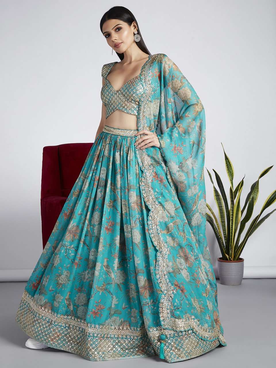 DESIGNER TRENDY STYLISH FANCY WEDDING PARTY WEAR INDIAN ORGANZA SILK BLUE LEHENGA CHOLI PC 341 A