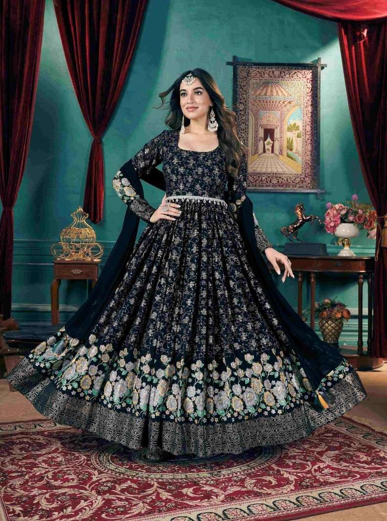 DESIGNER WEDDING PARTY WEAR FAUX GEORGETTE BLACK ANARKALI SALWAR SUIT READY WEAR GOWN WITH DUPATTA KF FLORY 5024