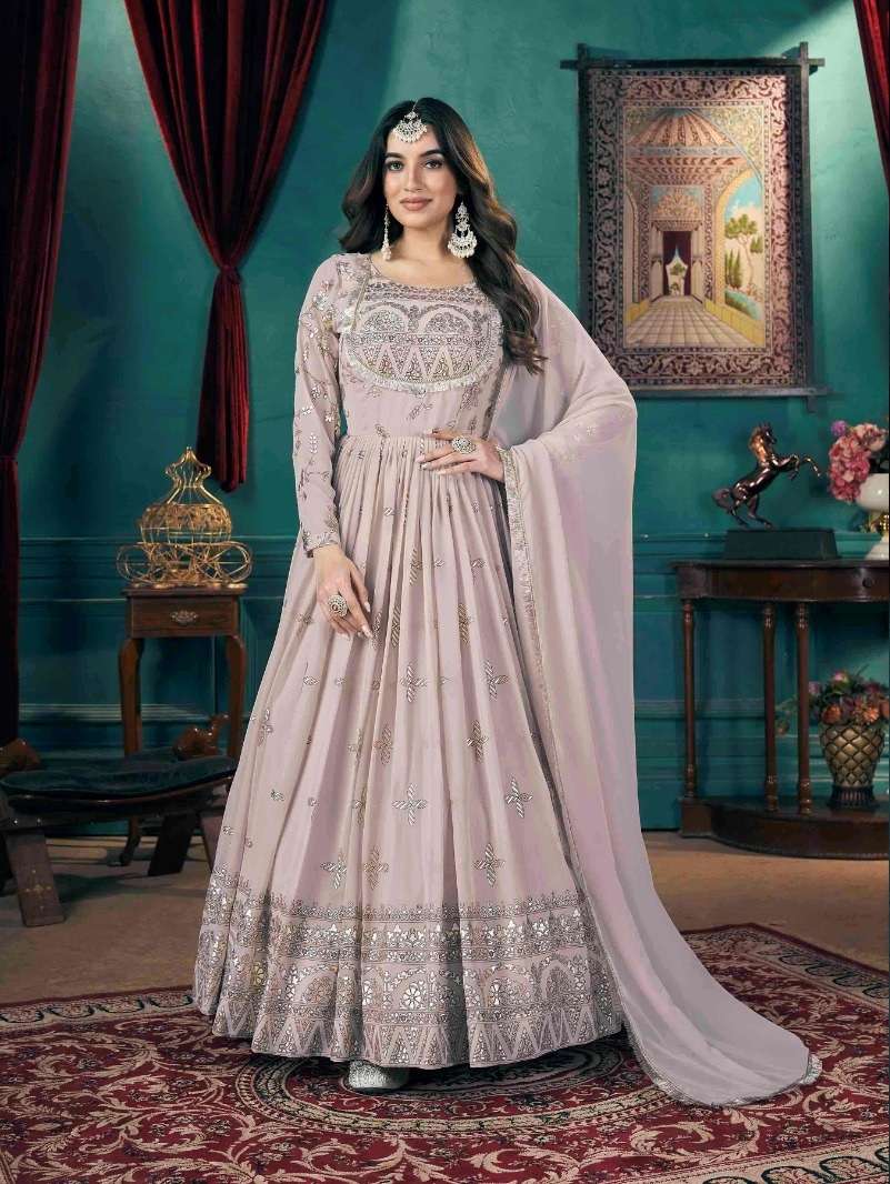 DESIGNER WEDDING PARTY WEAR FAUX GEORGETTE CHIKU ANARKALI SALWAR SUIT READY WEAR GOWN WITH DUPATTA KF FLORY 5022