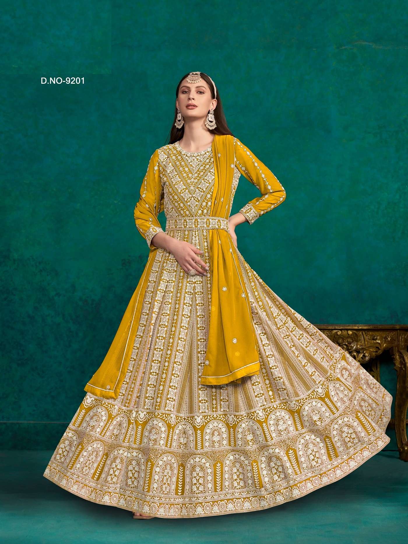 DESIGNER WEDDING PARTY WEAR FAUX GEORGETTE LAKHANAVI WORK YELLOW ANARKALI SALWAR SUIT GOWN WITH DUPATTA ANY 9201