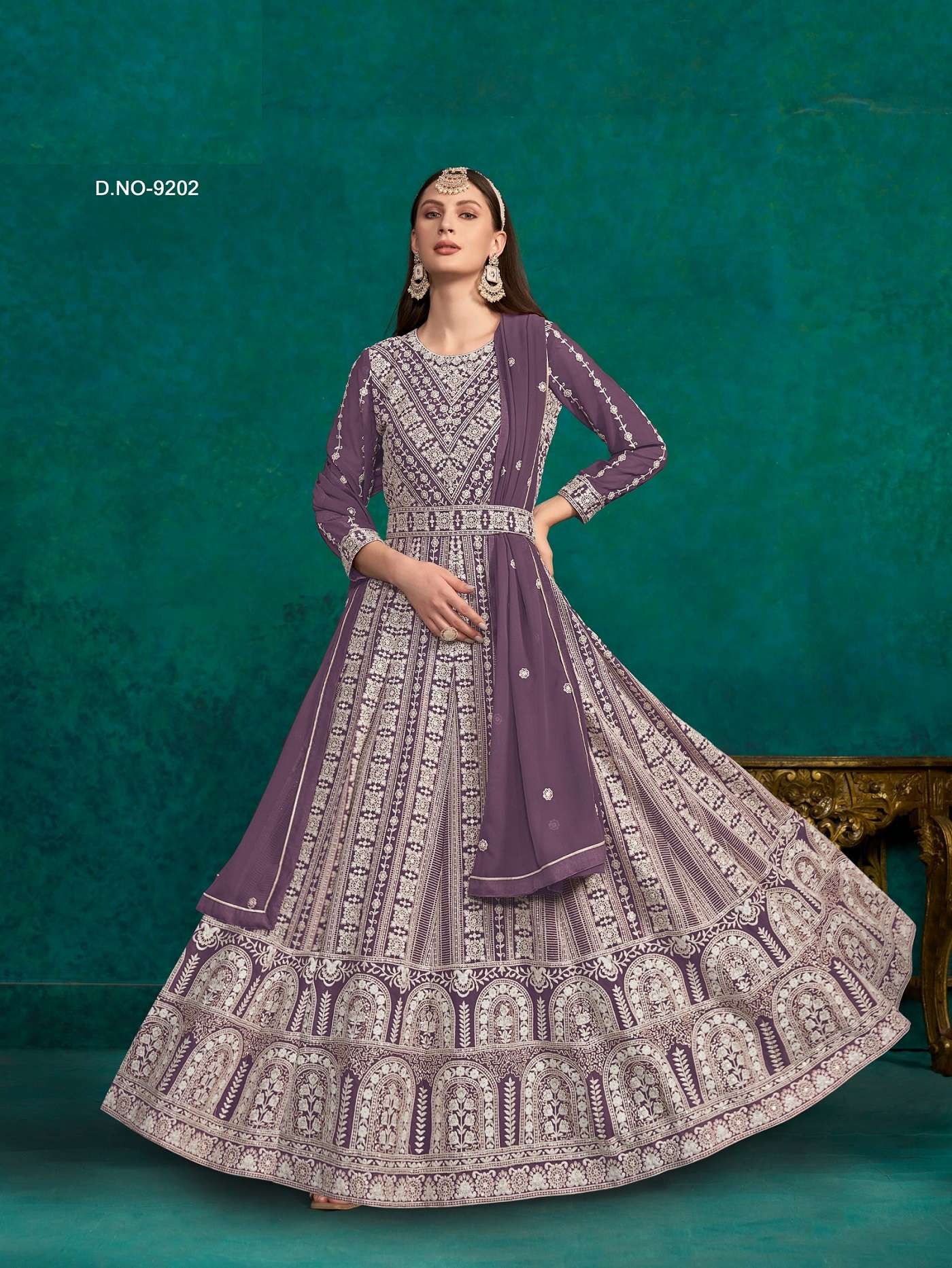 DESIGNER WEDDING PARTY WEAR FAUX GEORGETTE LAKHANAVI WORK LAVENDER ANARKALI SALWAR SUIT GOWN WITH DUPATTA ANY 9202