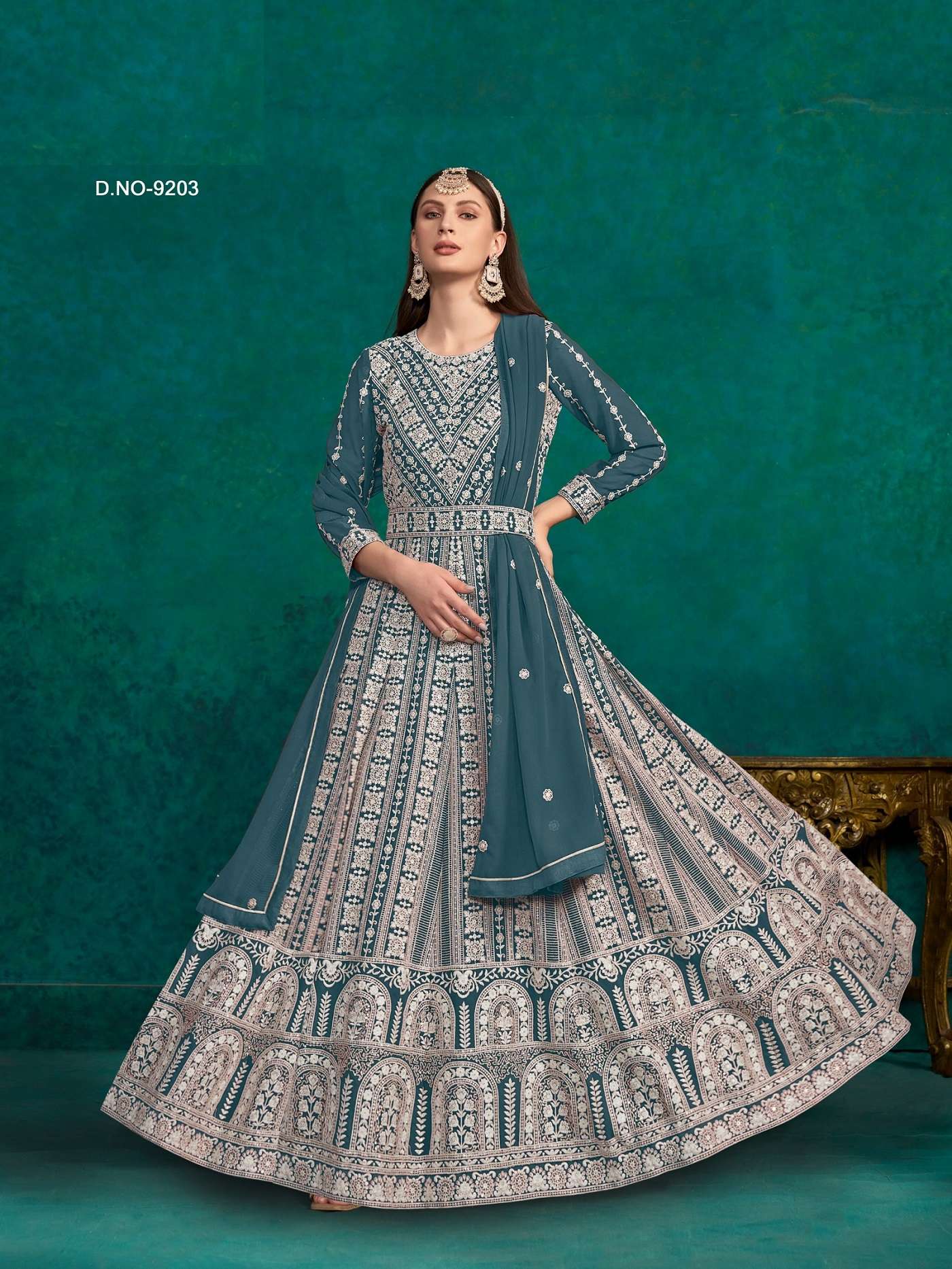 DESIGNER WEDDING PARTY WEAR FAUX GEORGETTE LAKHANAVI WORK BLUE ANARKALI SALWAR SUIT GOWN WITH DUPATTA ANY 9203