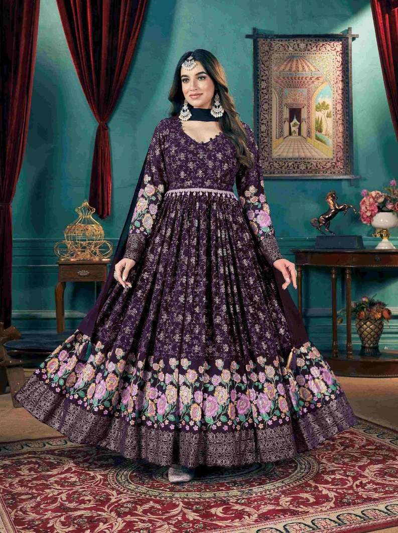 DESIGNER WEDDING PARTY WEAR FAUX GEORGETTE PURPLE ANARKALI SALWAR SUIT READY WEAR GOWN WITH DUPATTA KF FLORY 5023