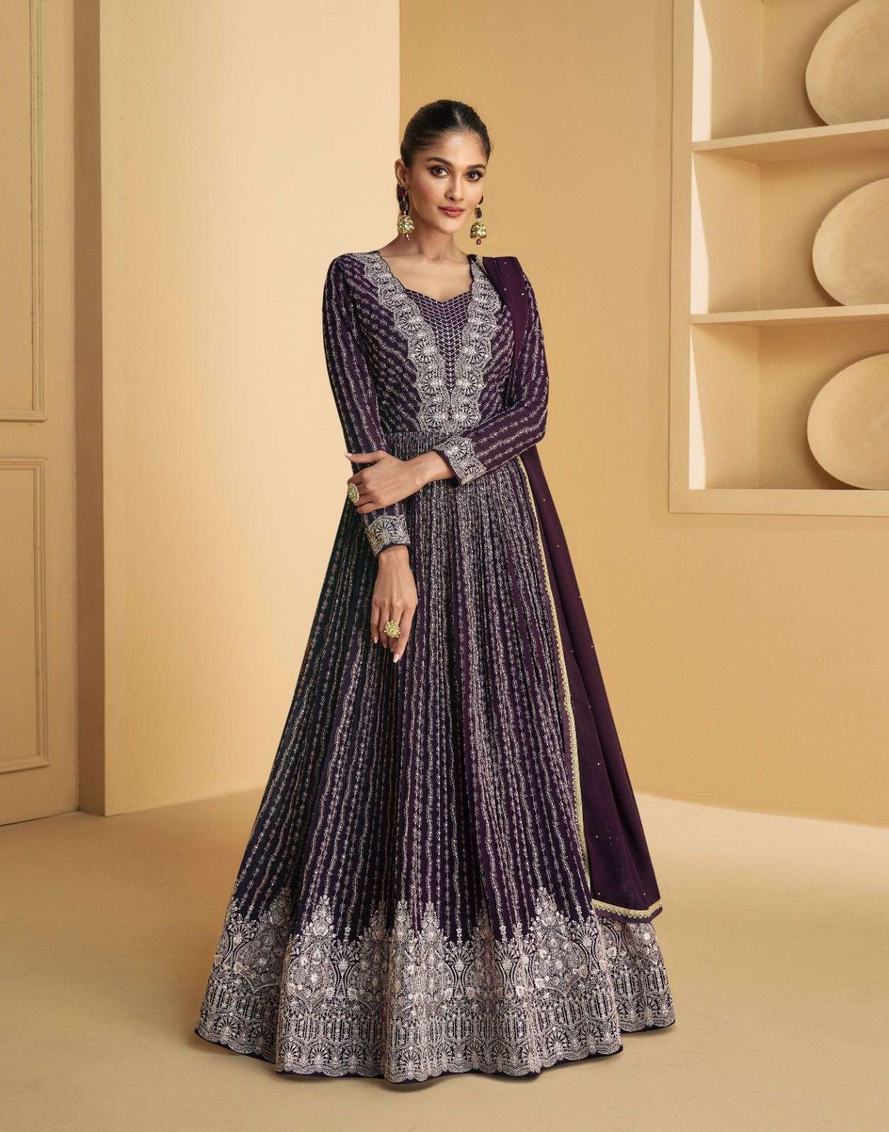 DESIGNER WEDDING PARTY WEAR REAL GEORGETTE WINE ANARKALI SALWAR SUIT GOWN WITH DUPATTA AF TAREEF 9972