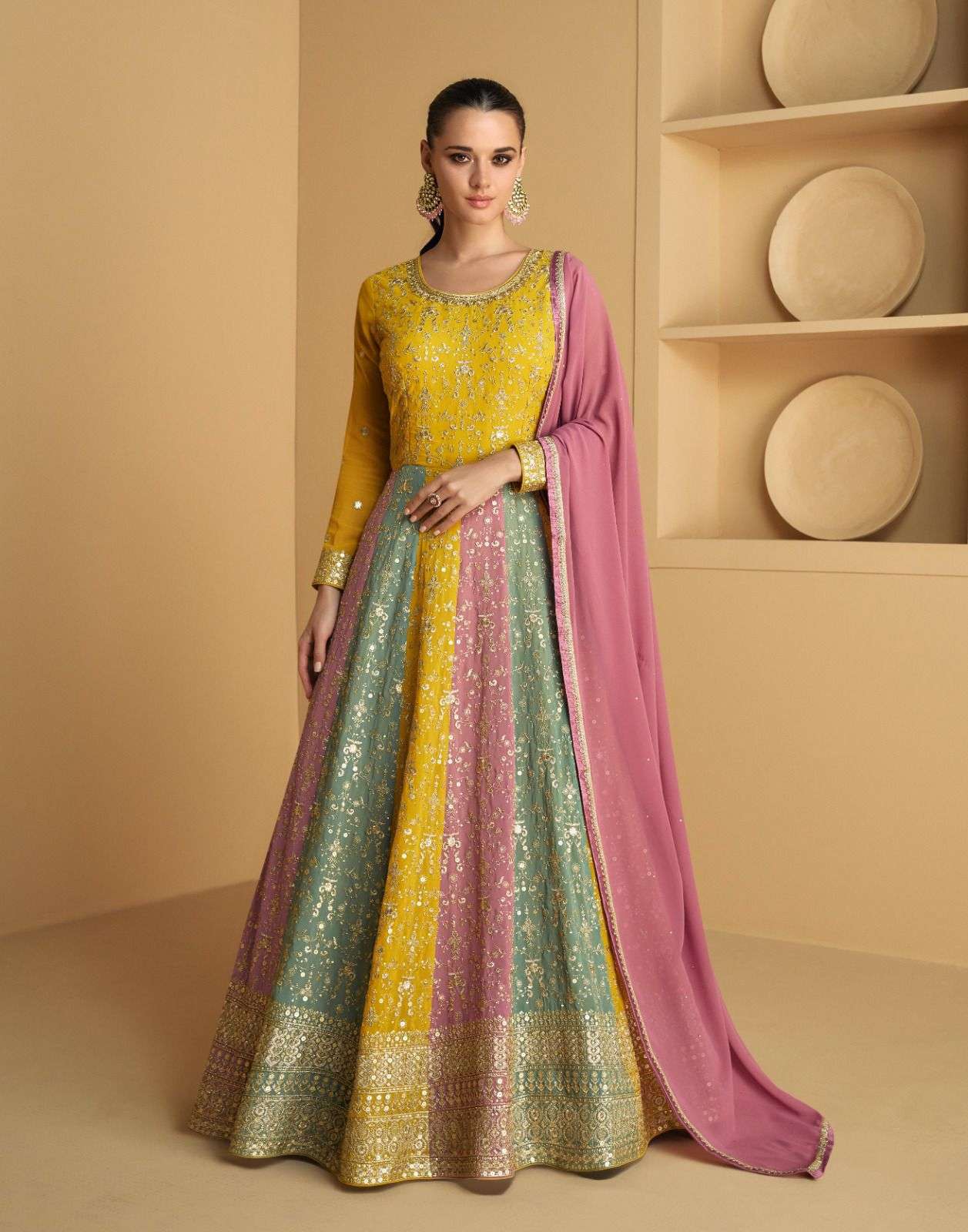 DESIGNER WEDDING PARTY WEAR REAL GEORGETTE YELLOW ANARKALI SALWAR SUIT GOWN WITH DUPATTA AF TAREEF 9971