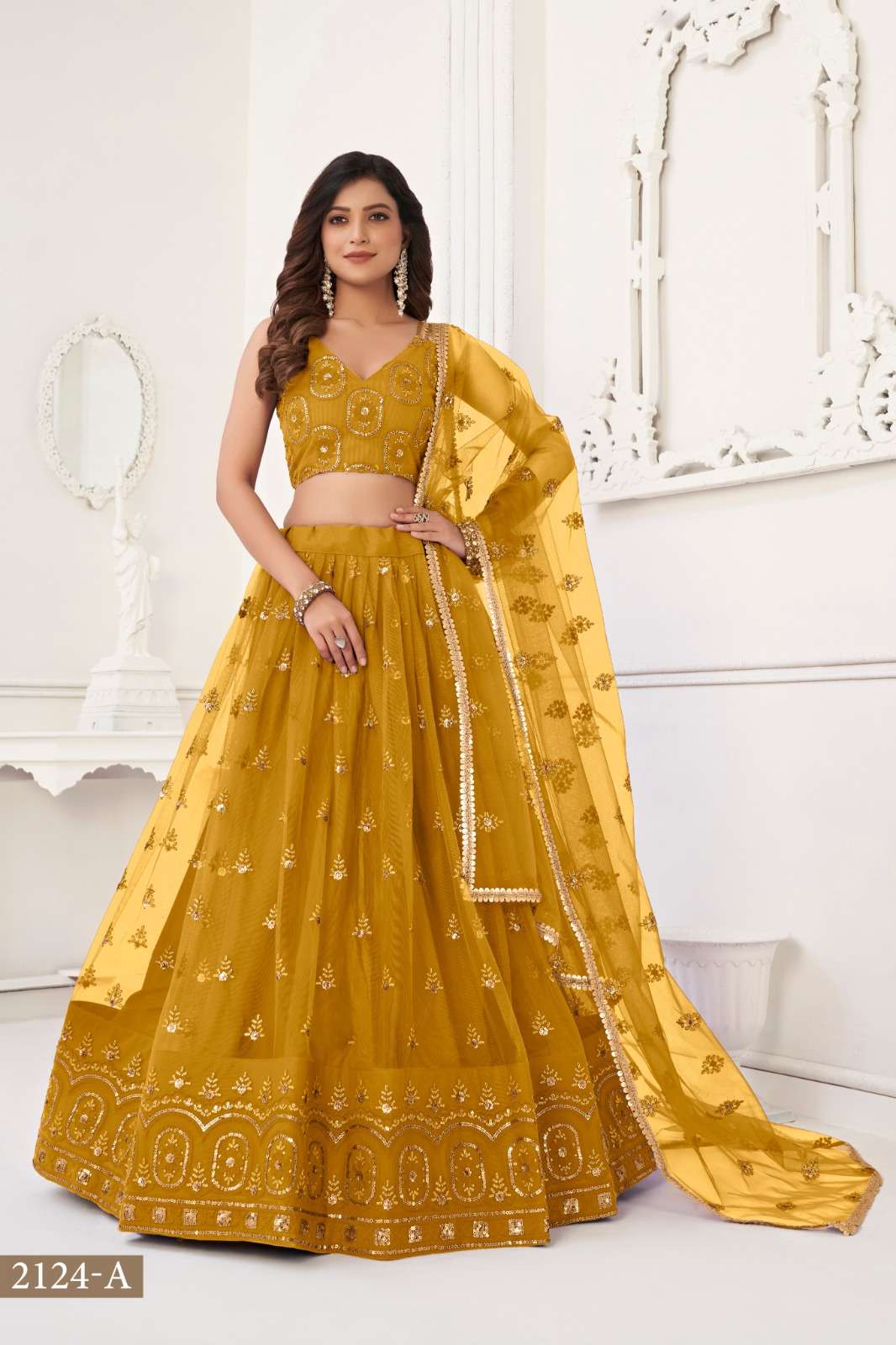 INDIAN BOLLYWOOD DESIGNER FANCY WEDDING PARTY WEAR BUTTERFLY NET YELLOW LEHENGA CHOLI SM NRY 2124 A