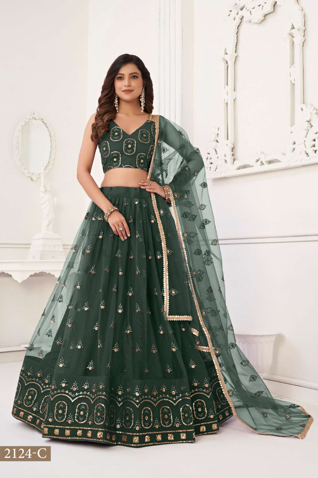 INDIAN BOLLYWOOD DESIGNER FANCY WEDDING PARTY WEAR BUTTERFLY NET GREEN LEHENGA CHOLI SM NRY 2124 C