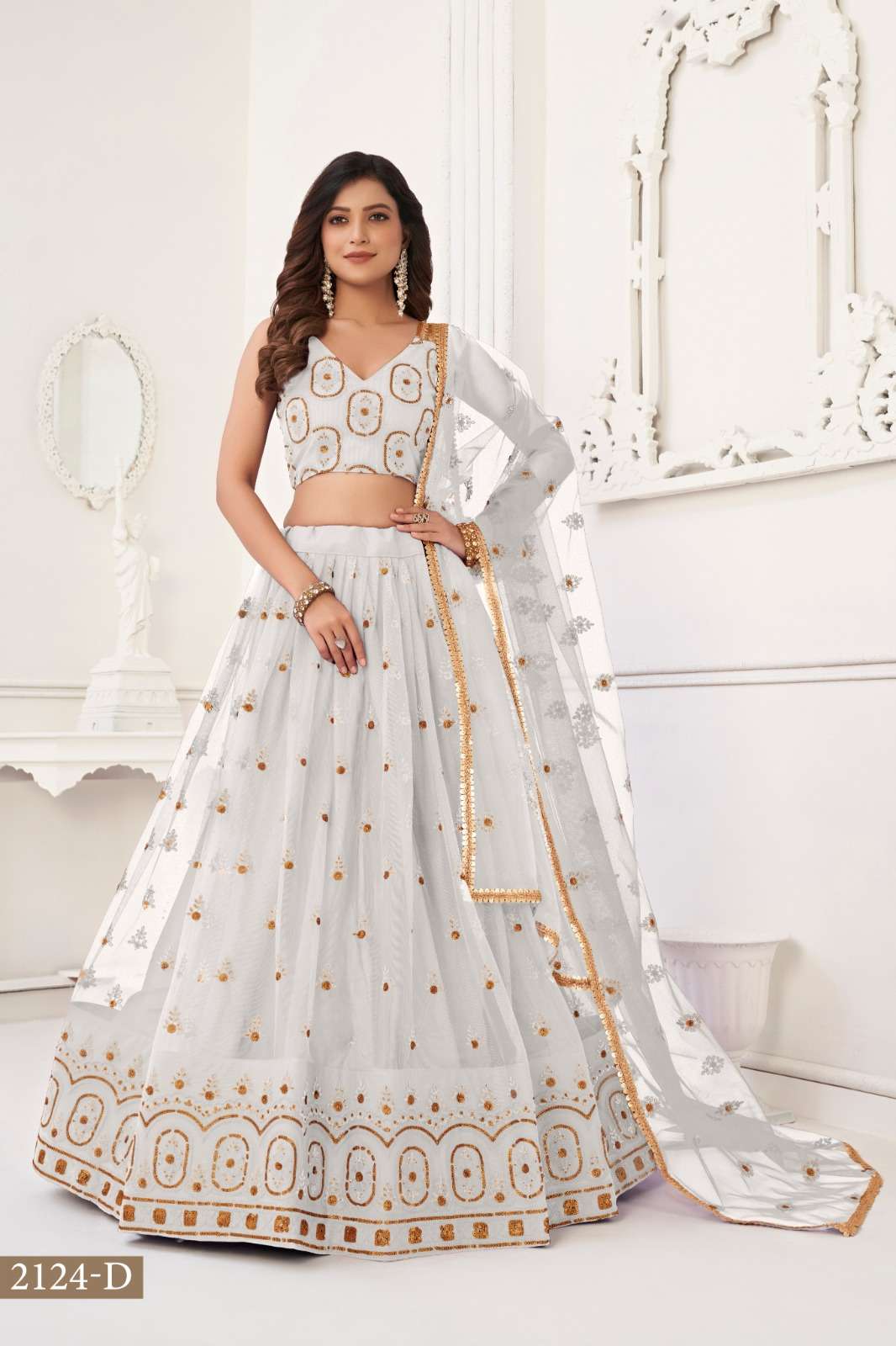 INDIAN BOLLYWOOD DESIGNER FANCY WEDDING PARTY WEAR BUTTERFLY NET WHITE LEHENGA CHOLI SM NRY 2124 D