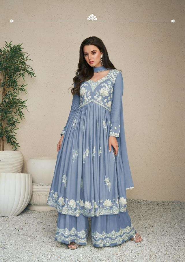 INDIAN DESIGNER FANCY REYON READY TO WEAR BLUE SHARARA PALLAZO SALWAR SUIT NVN VMK 1027 B