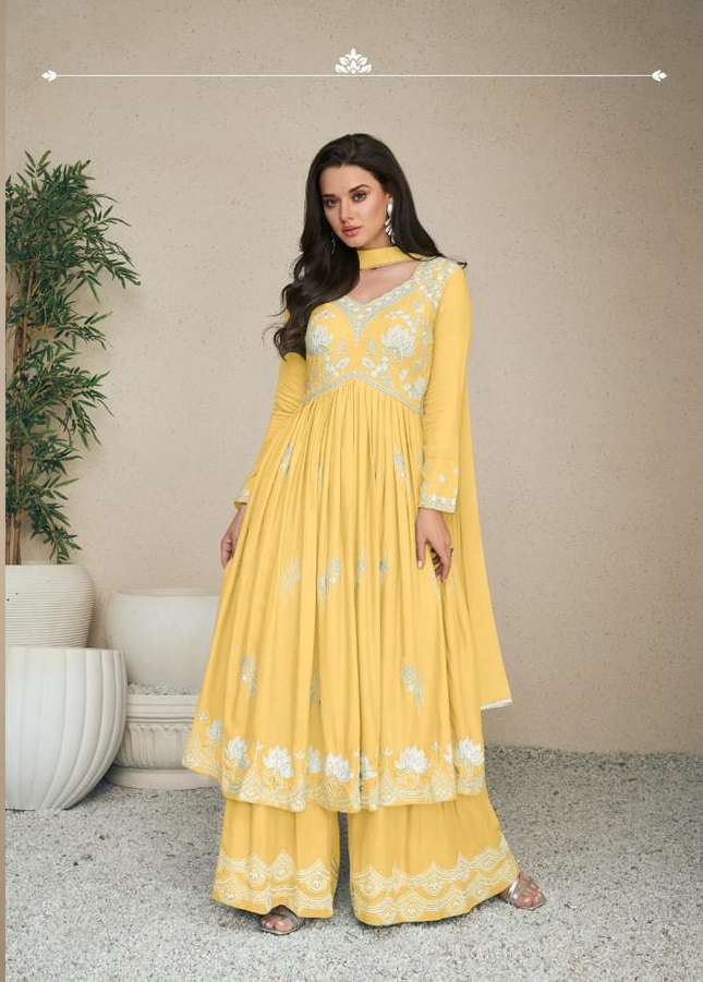 INDIAN DESIGNER FANCY REYON READY TO WEAR YELLOW SHARARA PALLAZO SALWAR SUIT NVN VMK 1027 E