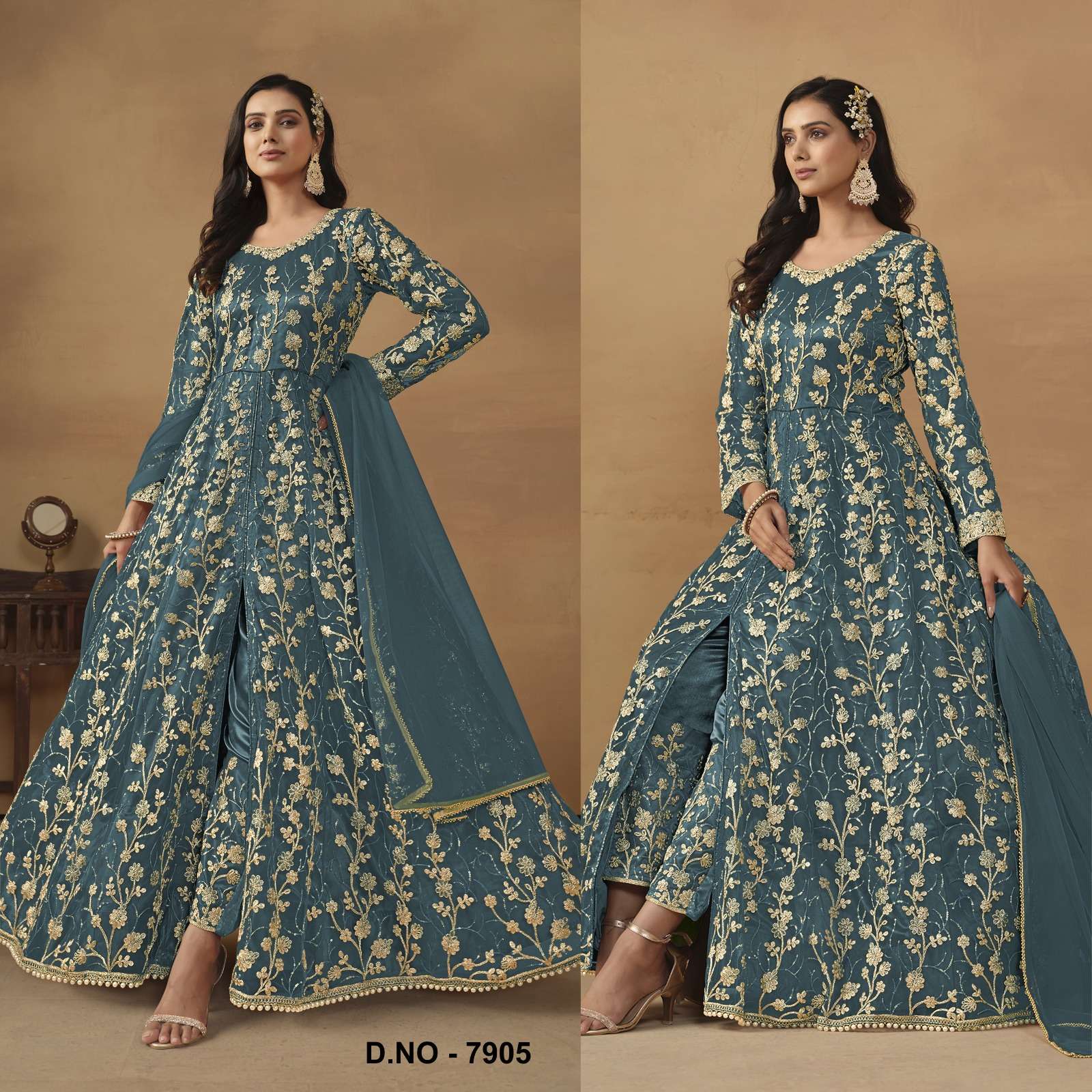 INDIAN DESIGNER FANCY WEDDING BRIDAL PARTY WEAR BLUE NET ANARKALI SALWAR SUIT GOWN SRH 7905