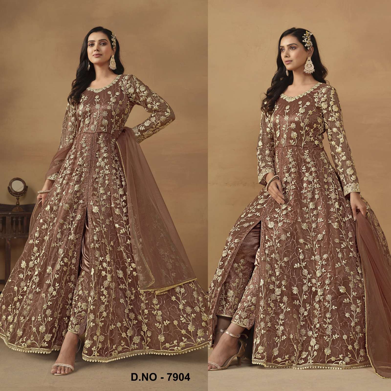 INDIAN DESIGNER FANCY WEDDING BRIDAL PARTY WEAR BROWN NET ANARKALI SALWAR SUIT GOWN SRH 7904