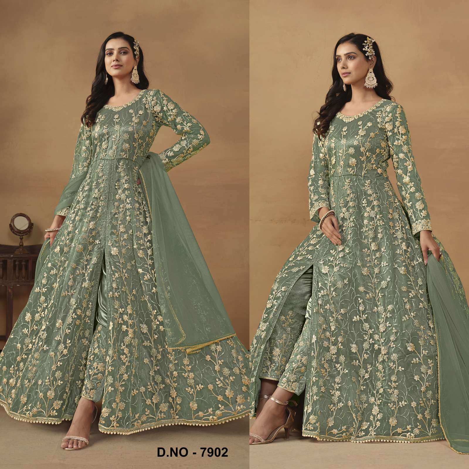 INDIAN DESIGNER FANCY WEDDING BRIDAL PARTY WEAR GREEN NET ANARKALI SALWAR SUIT GOWN SRH 7902