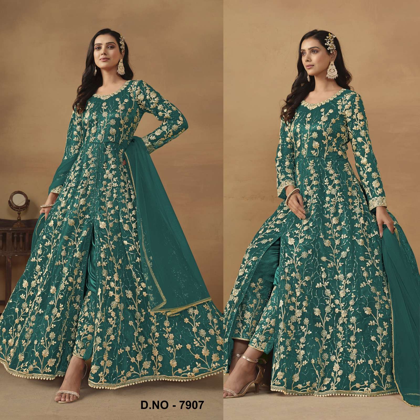 INDIAN DESIGNER FANCY WEDDING BRIDAL PARTY WEAR GREEN NET ANARKALI SALWAR SUIT GOWN SRH 7907