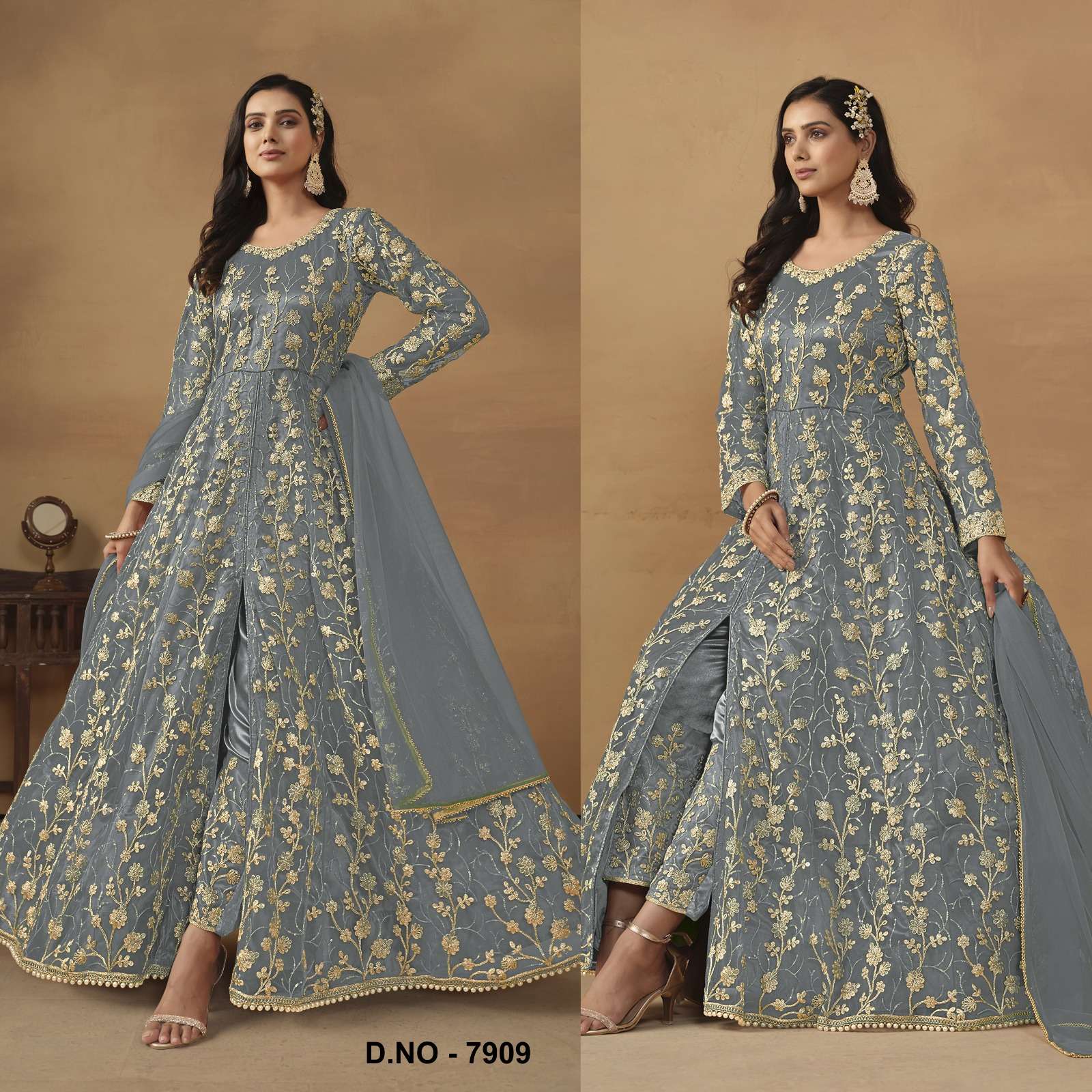 INDIAN DESIGNER FANCY WEDDING BRIDAL PARTY WEAR GREY NET ANARKALI SALWAR SUIT GOWN SRH 7909