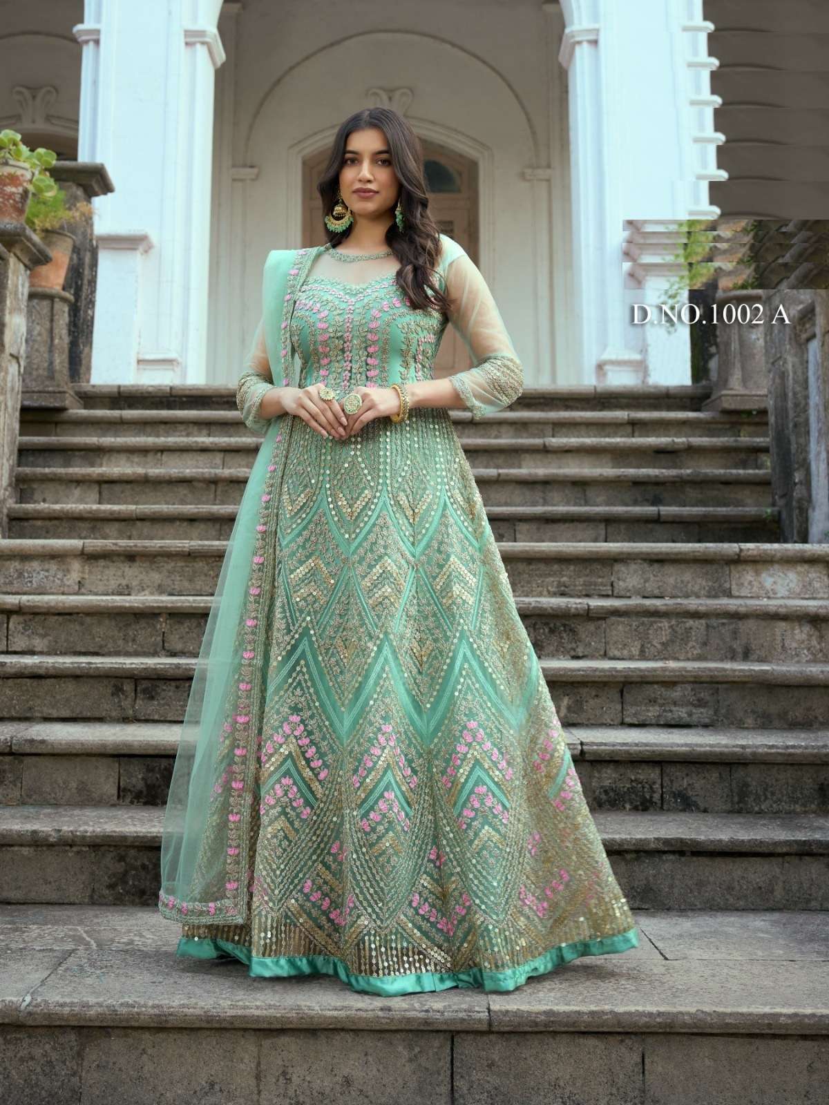 INDIAN DESIGNER FANCY WEDDING BRIDAL PARTY WEAR GREEN NET ANARKALI SALWAR SUIT GOWN SBH RUKSAAR 1002 A