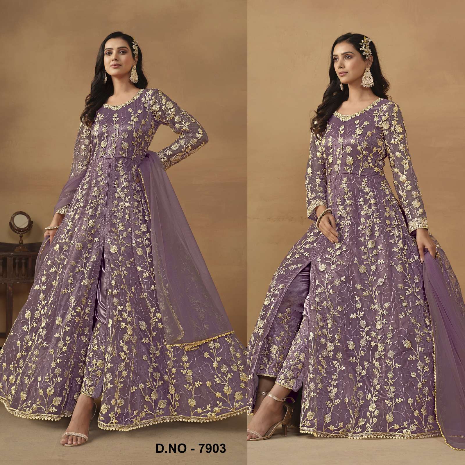 INDIAN DESIGNER FANCY WEDDING BRIDAL PARTY WEAR LAVENDER NET ANARKALI SALWAR SUIT GOWN SRH 7903