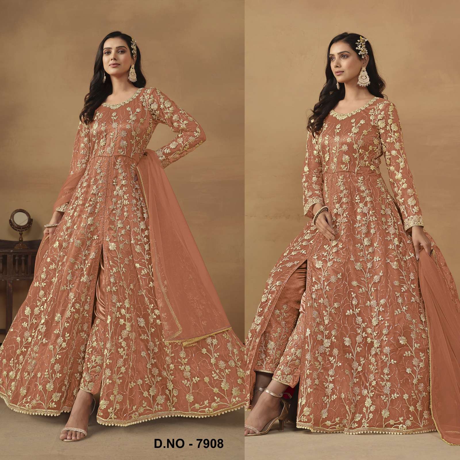 INDIAN DESIGNER FANCY WEDDING BRIDAL PARTY WEAR ORANGE NET ANARKALI SALWAR SUIT GOWN SRH 7908