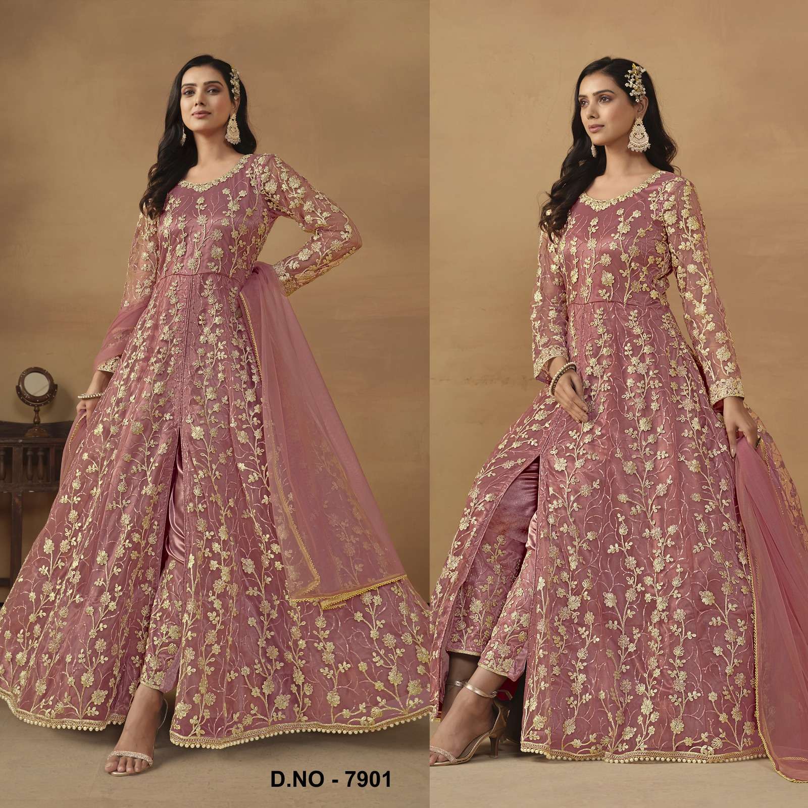 INDIAN DESIGNER FANCY WEDDING BRIDAL PARTY WEAR PEACH NET ANARKALI SALWAR SUIT GOWN SRH 7901