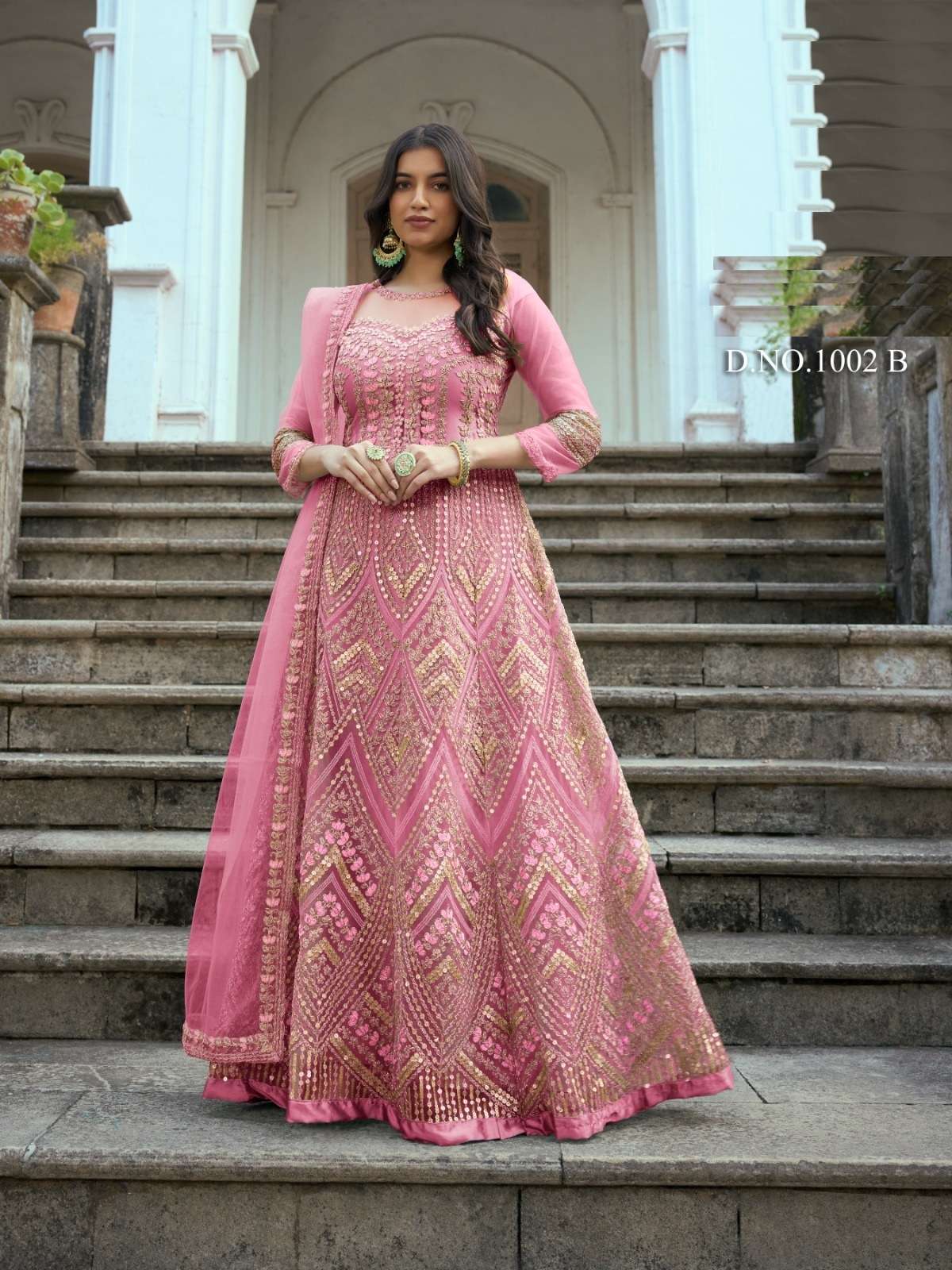 INDIAN DESIGNER FANCY WEDDING BRIDAL PARTY WEAR PINK NET ANARKALI SALWAR SUIT GOWN SBH RUKSAAR 1002 B