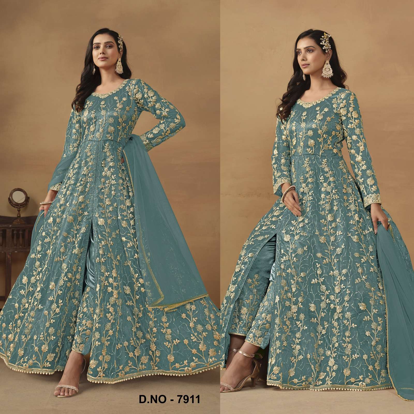 INDIAN DESIGNER FANCY WEDDING BRIDAL PARTY WEAR SKY BLUE NET ANARKALI SALWAR SUIT GOWN SRH 7911