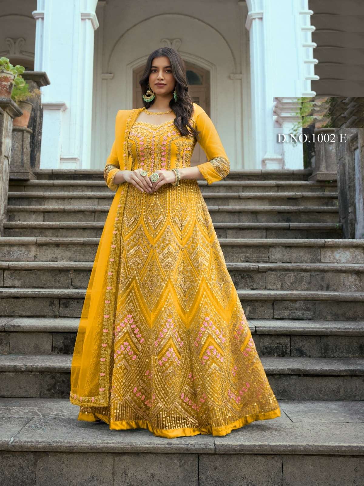 INDIAN DESIGNER FANCY WEDDING BRIDAL PARTY WEAR YELLOW NET ANARKALI SALWAR SUIT GOWN SBH RUKSAAR 1002 E