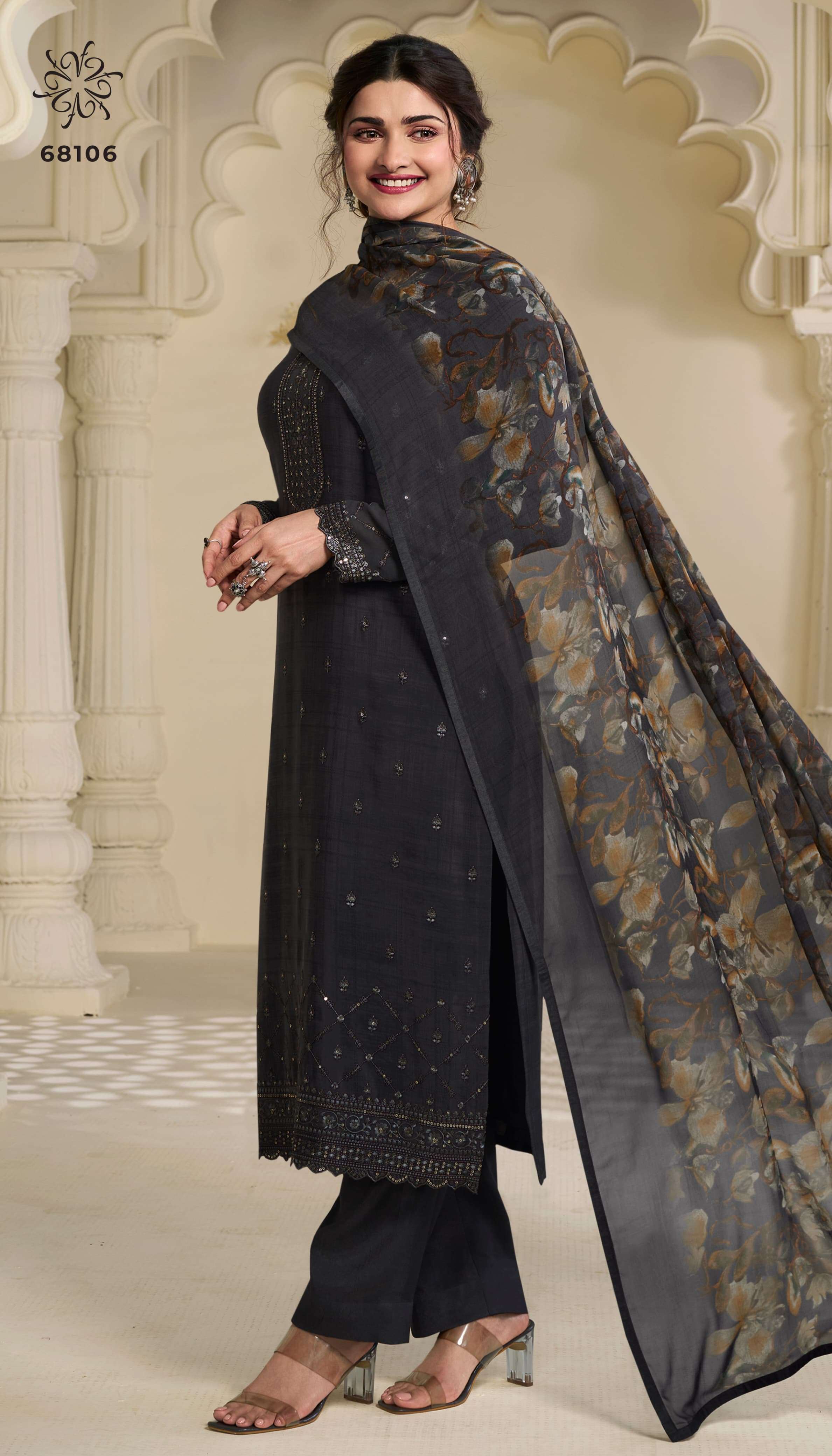 INDIAN DESIGNER FANCY WEDDING PARTY WEAR BLACK CREPE SILK STRAIGHT SALWAR SUIT NVN SILKINA 68106