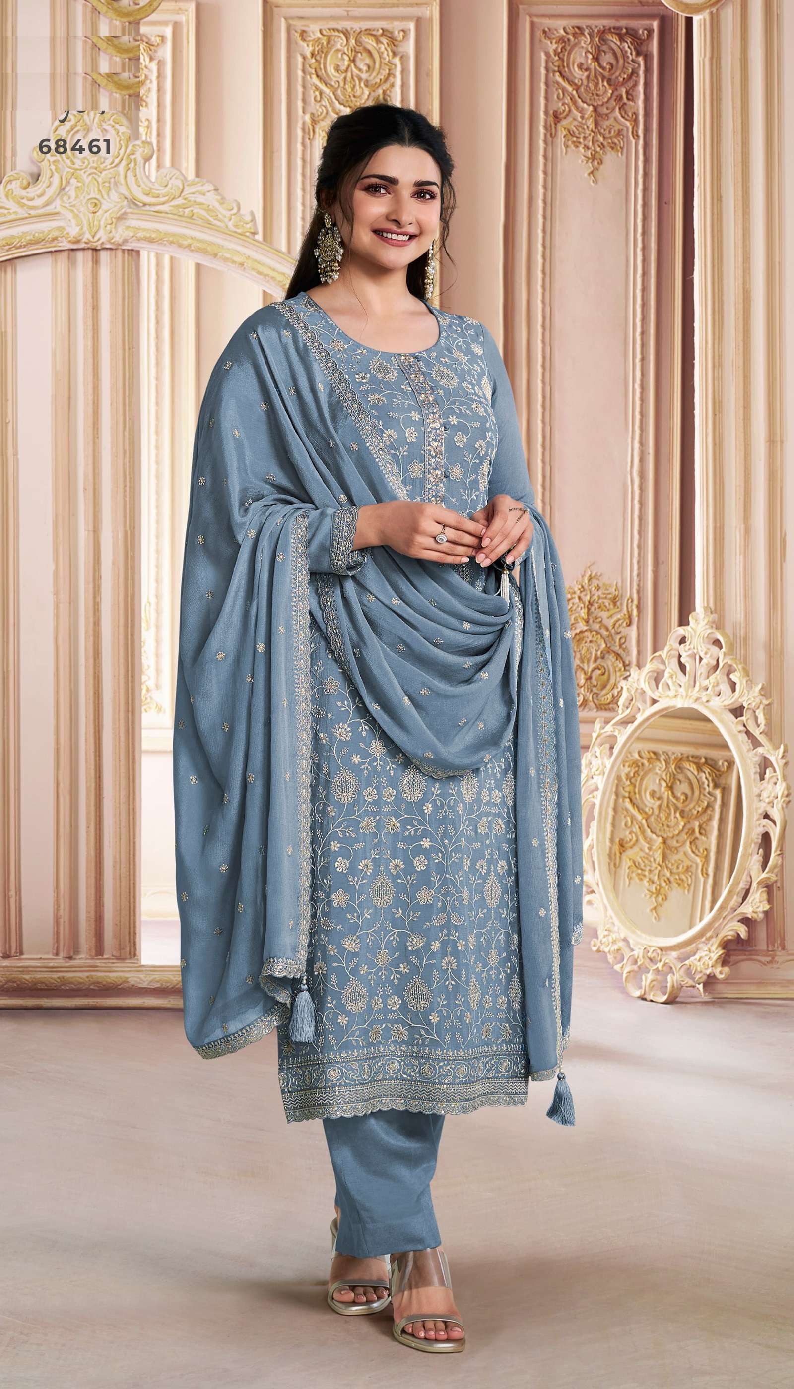 INDIAN DESIGNER FANCY WEDDING PARTY WEAR BLUE CHINON SILK STRAIGHT SALWAR SUIT VKM SAIRA 68461