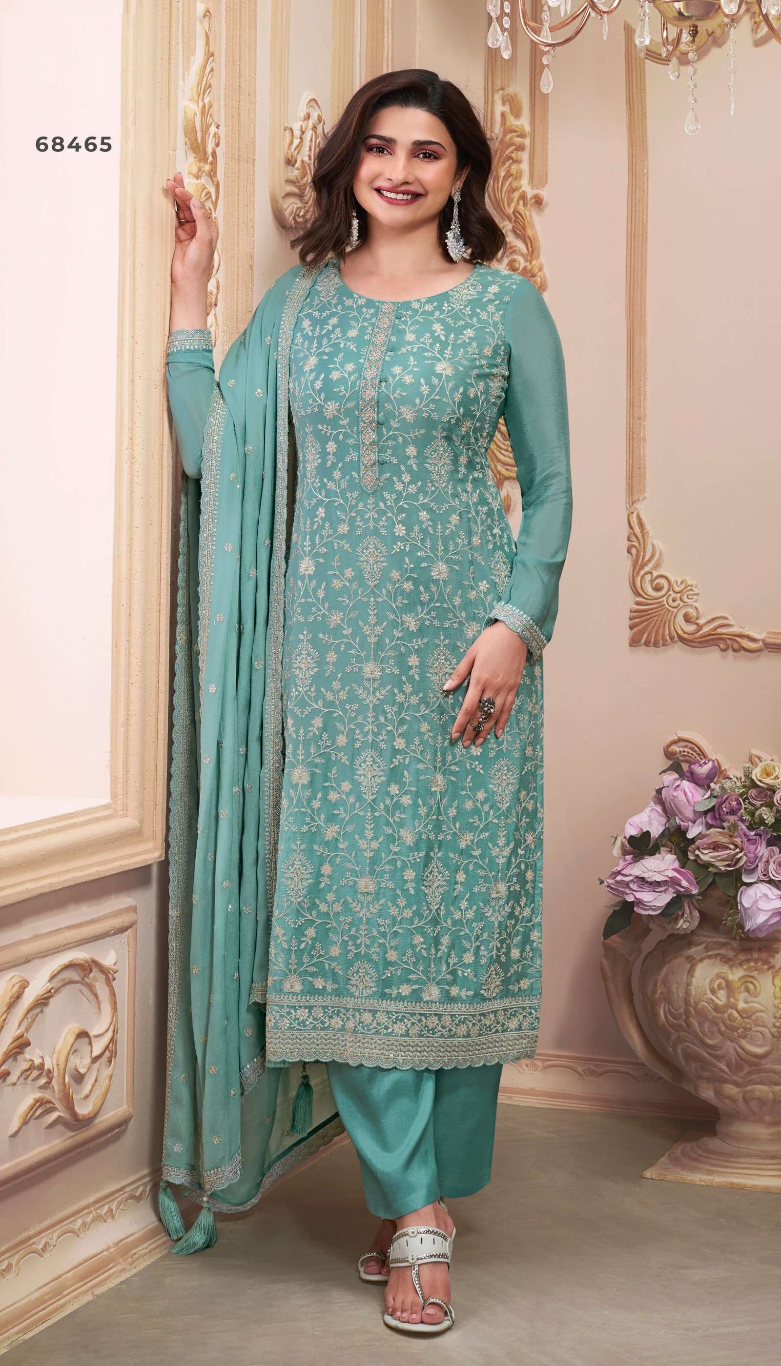 INDIAN DESIGNER FANCY WEDDING PARTY WEAR BLUE CHINON SILK STRAIGHT SALWAR SUIT VKM SAIRA 68465